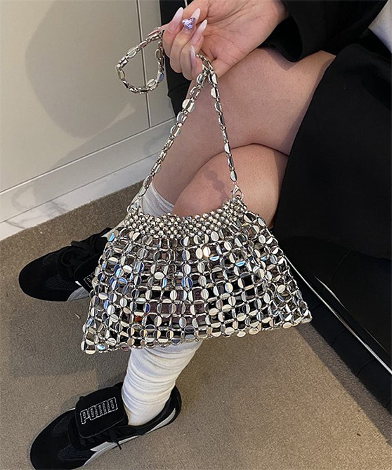 DEVICE select 】 メタルシルバー ビーズ ミニ ハンドバッグ キラキラ