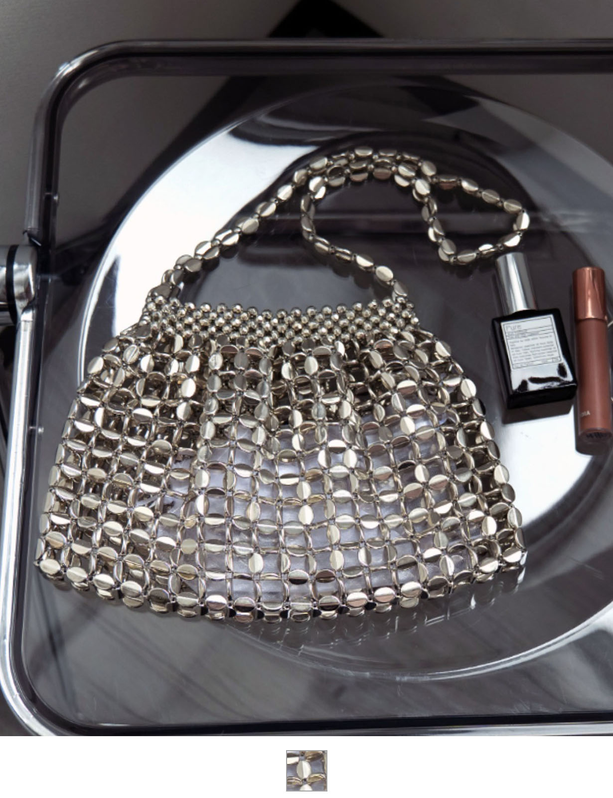 DEVICE select 】 メタルシルバー ビーズ ミニ ハンドバッグ キラキラ