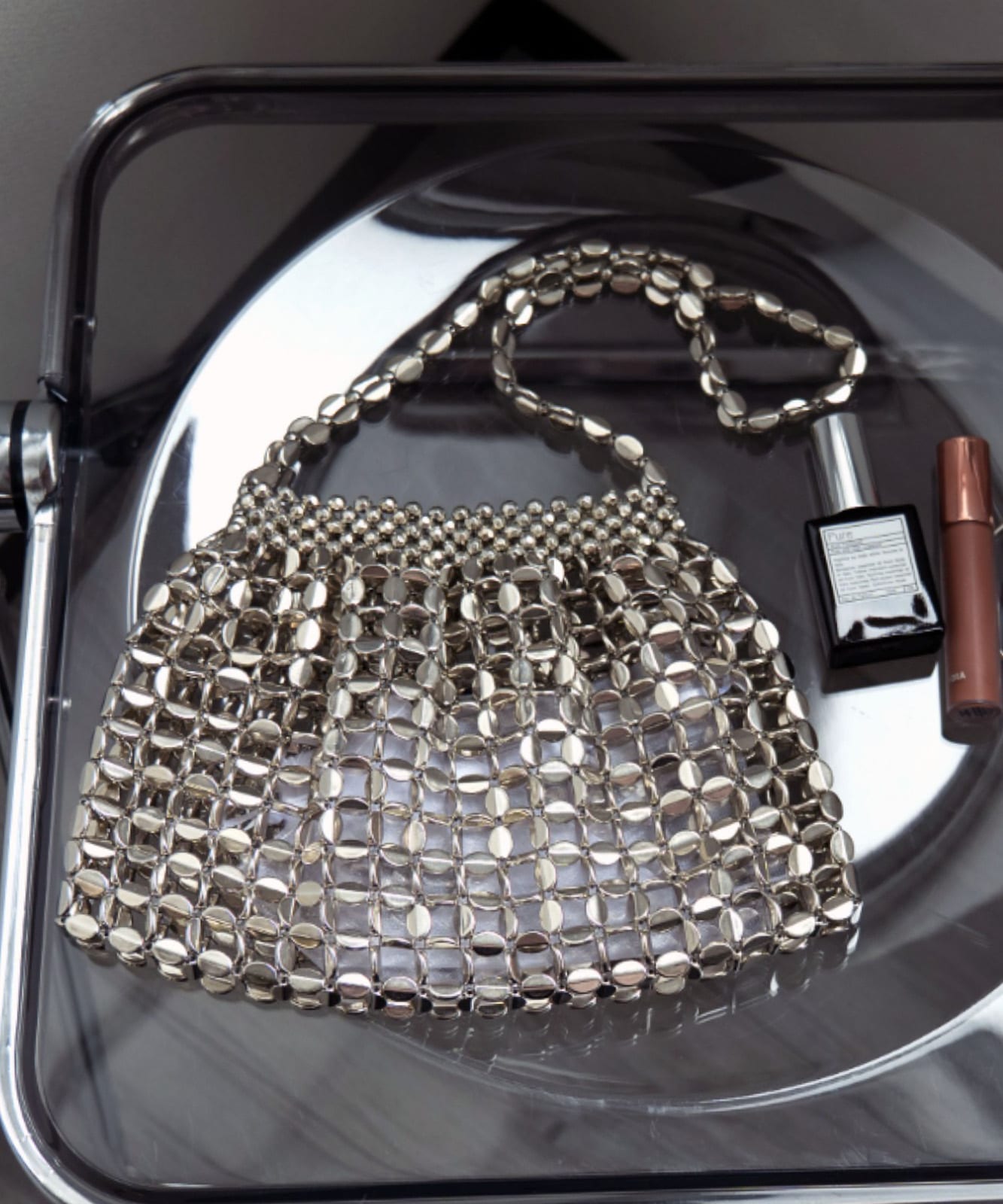 DEVICE select 】 メタルシルバー ビーズ ミニ ハンドバッグ キラキラ