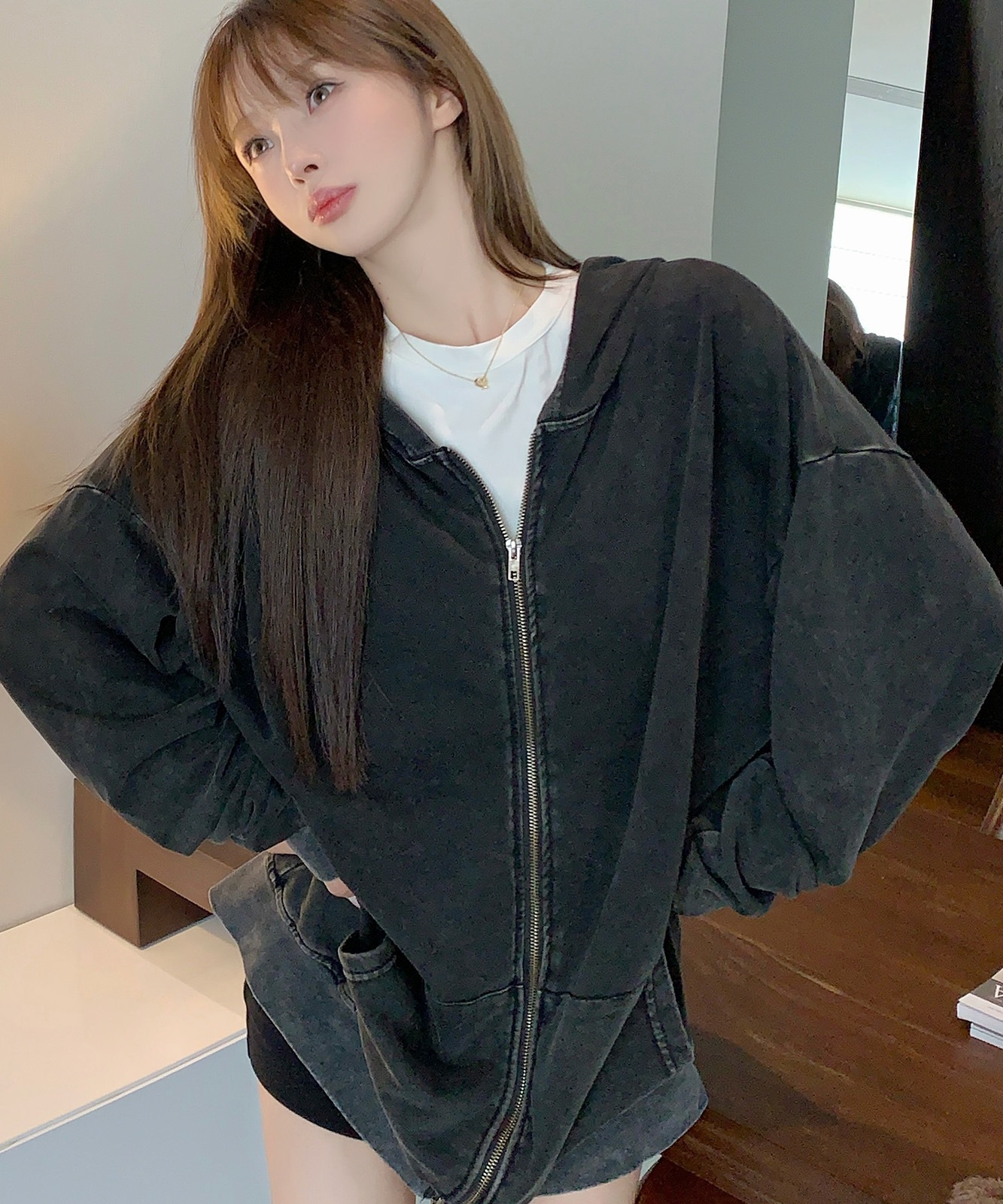 【 DEVICE select 】 ピグメント ヴィンテージライク ダブルジップパーカー メンズ レディース ユニセックス 韓国風 Y2K カジュアル ストリート 秋服 TA1187P