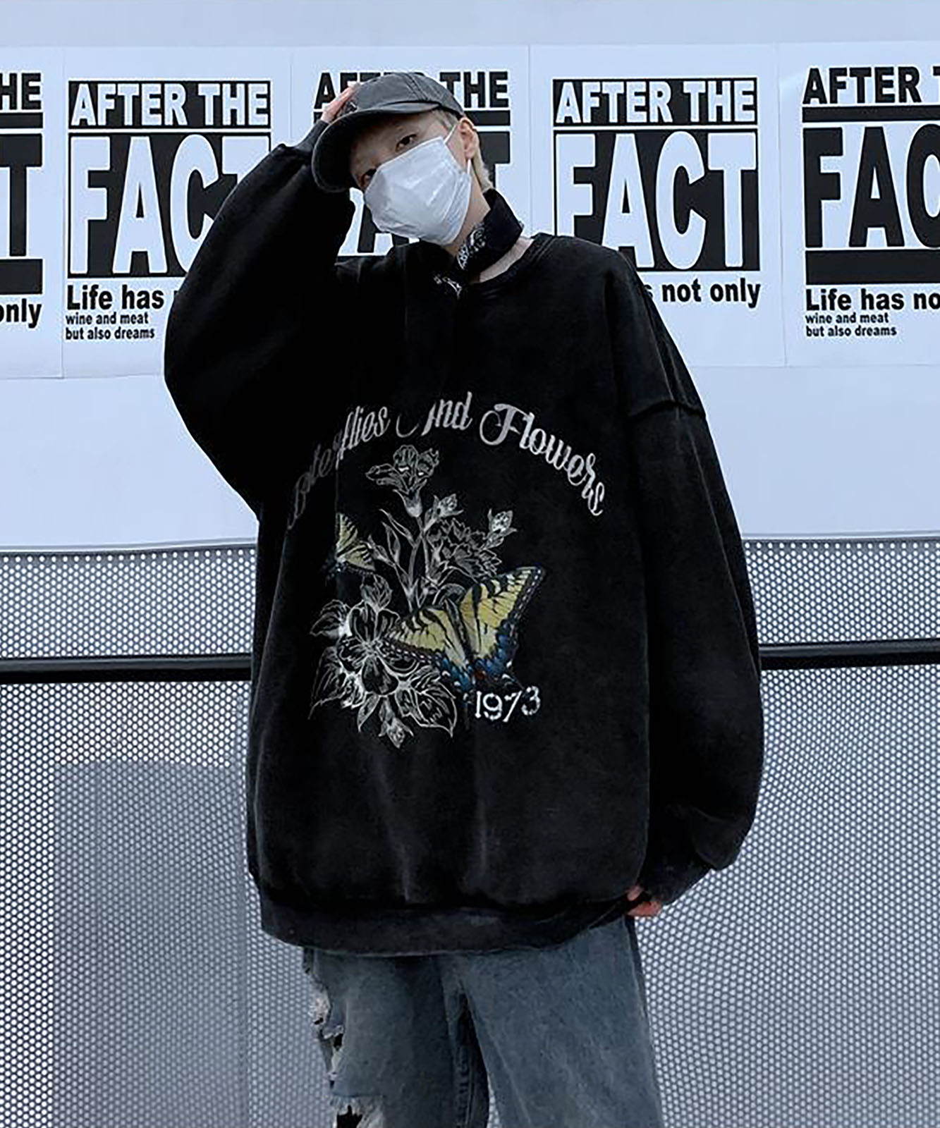 オーバーサイズ バタフライプリント ヴィンテージライク スウェット トレーナー ノームコア メンズ レディース