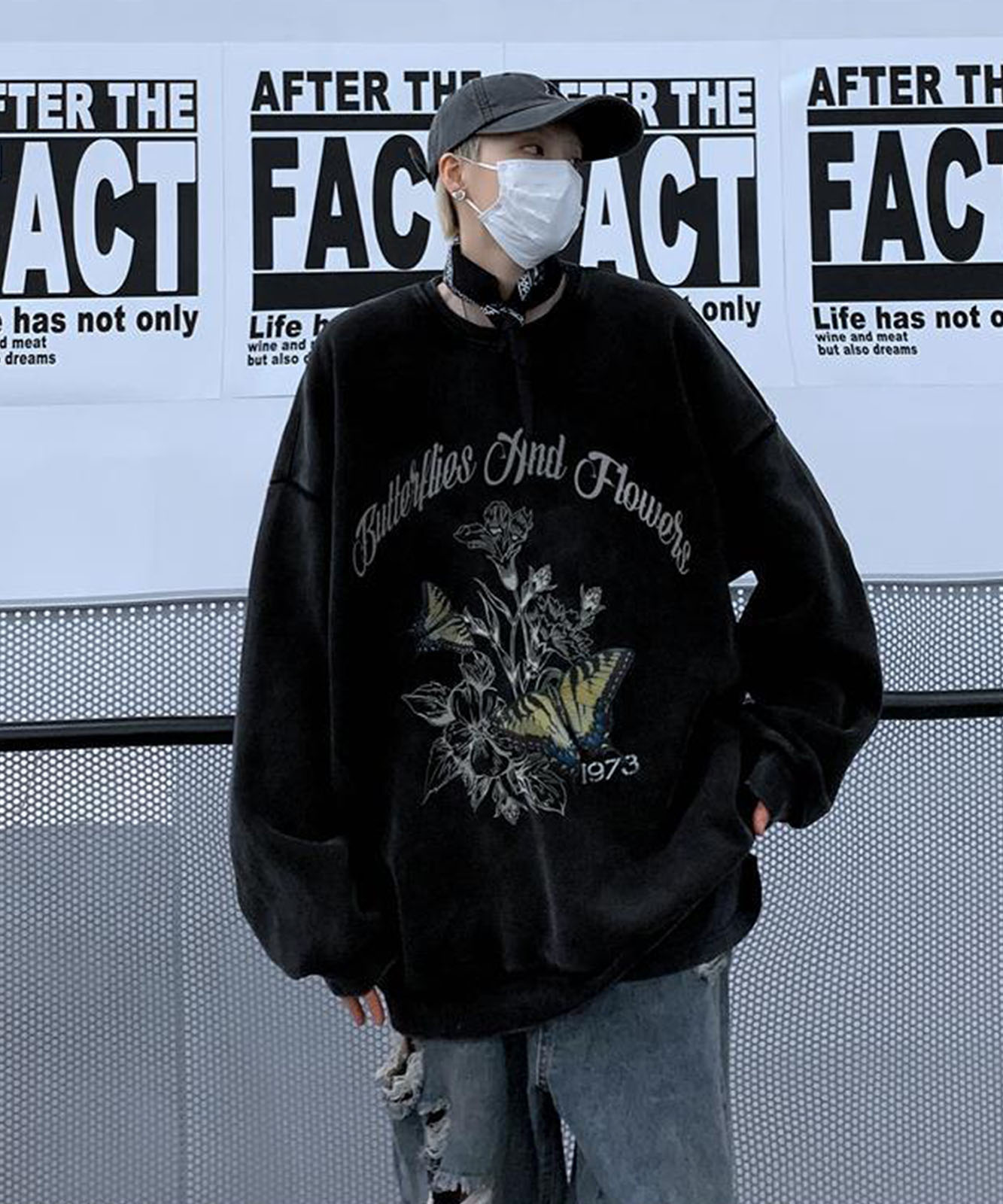 オーバーサイズ バタフライプリント ヴィンテージライク スウェット トレーナー ノームコア メンズ レディース