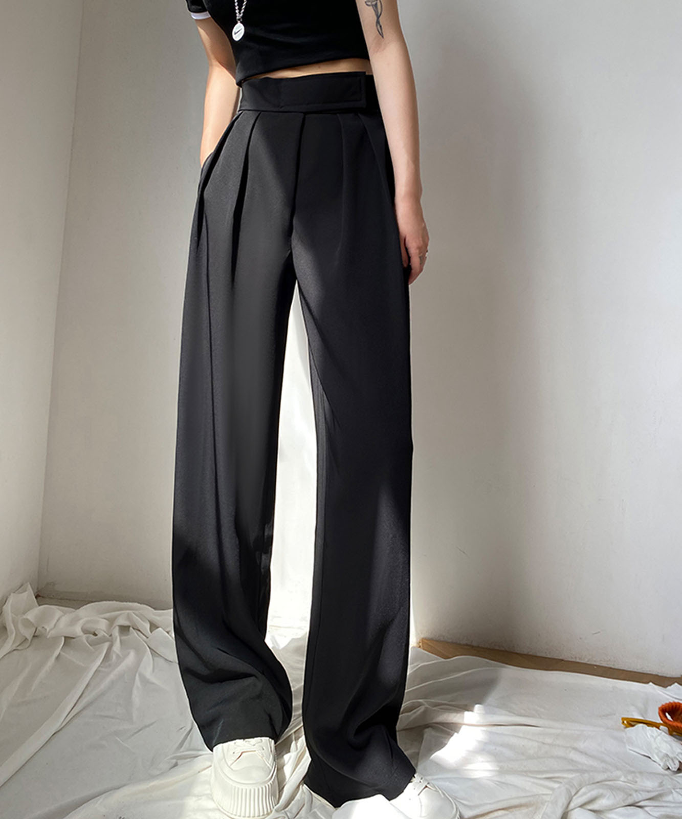 DEVICE select 韓国風デザイン ハイウエスト スラックス