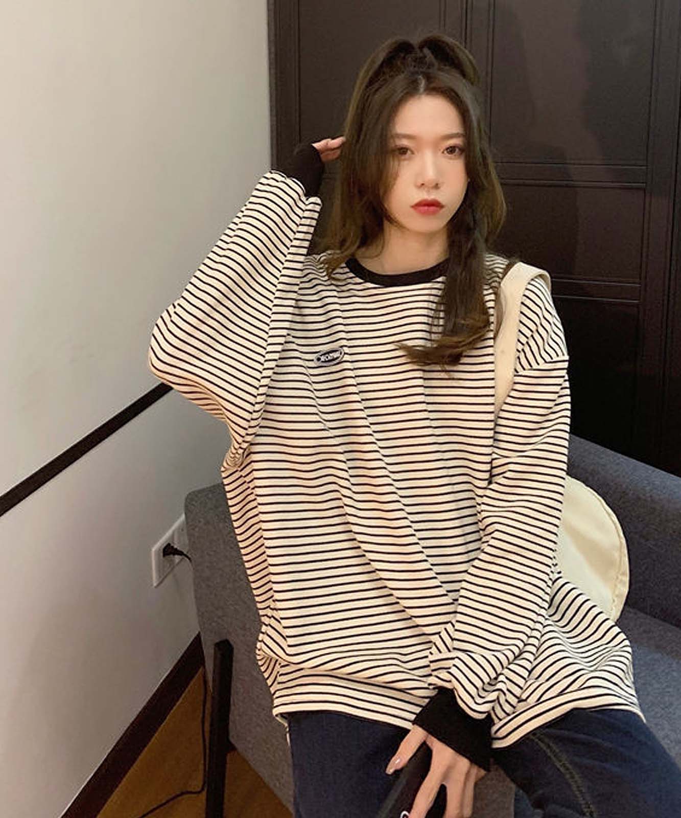 DEVICE select ワンポイントロゴ ボーダーロンT トレーナー メンズ