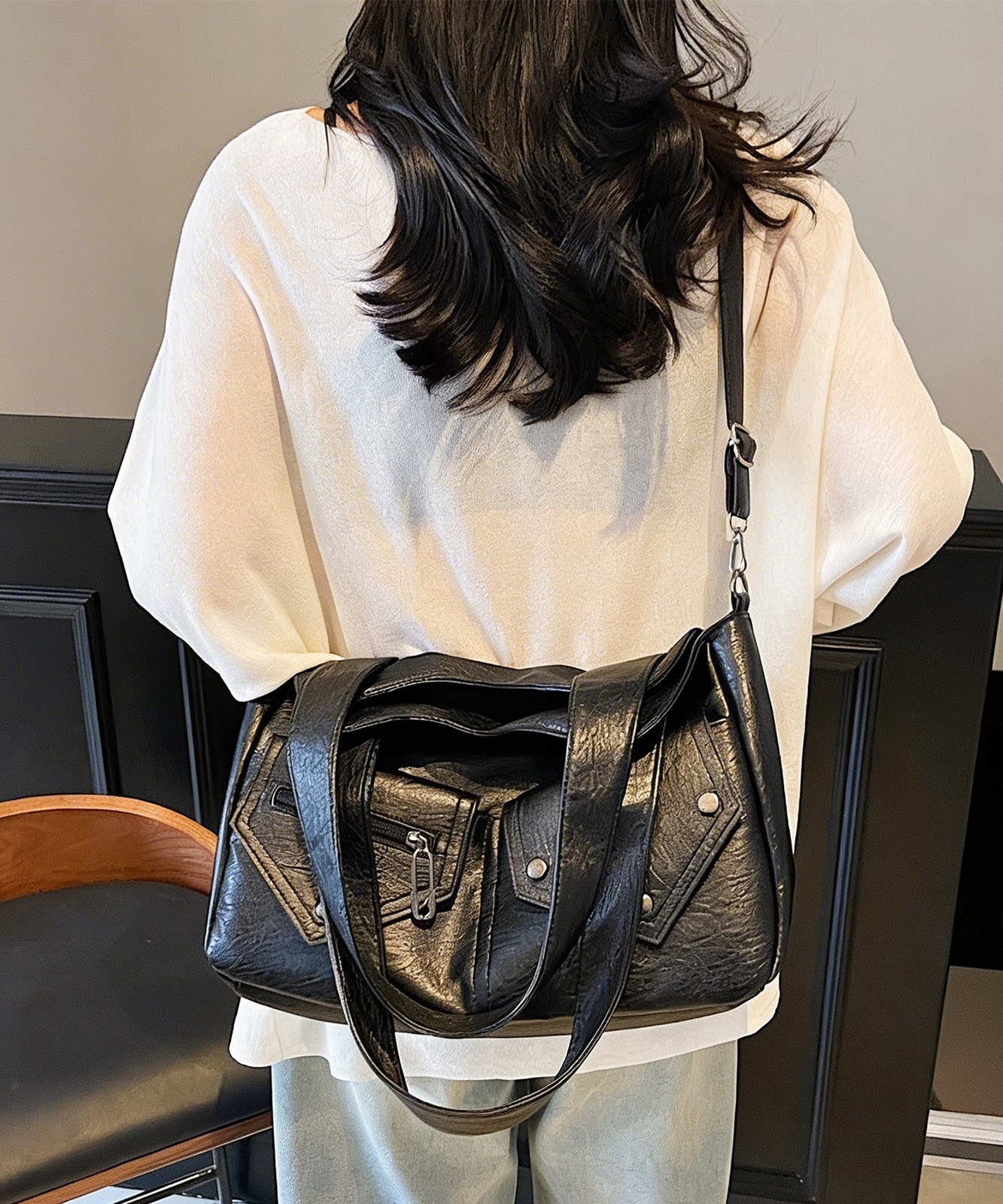 【 DEVICE select 】 ヴィンテージライク フェイクレザー トートバッグ 韓国ファッション 2way ショルダーバッグ 大容量 Y2K ストリート レディース TA1277