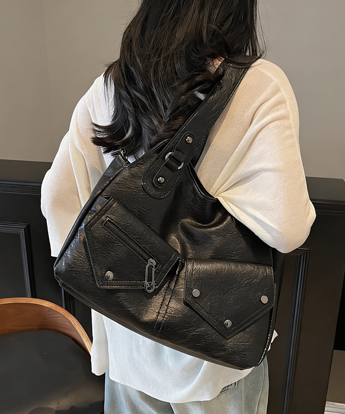 【 DEVICE select 】 ヴィンテージライク フェイクレザー トートバッグ 韓国ファッション 2way ショルダーバッグ 大容量 Y2K ストリート レディース TA1277