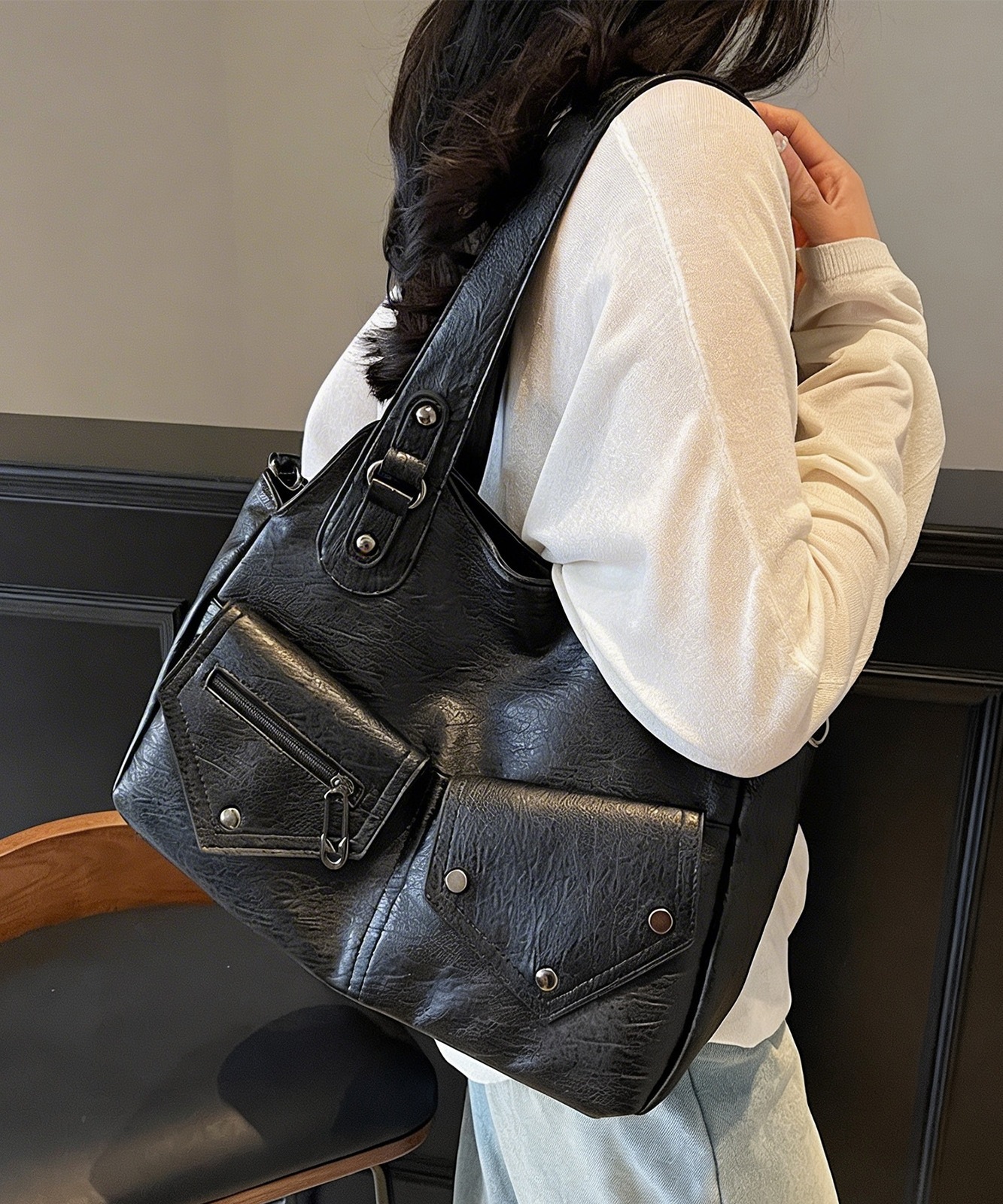 【 DEVICE select 】 ヴィンテージライク フェイクレザー トートバッグ 韓国ファッション 2way ショルダーバッグ 大容量 Y2K ストリート レディース TA1277