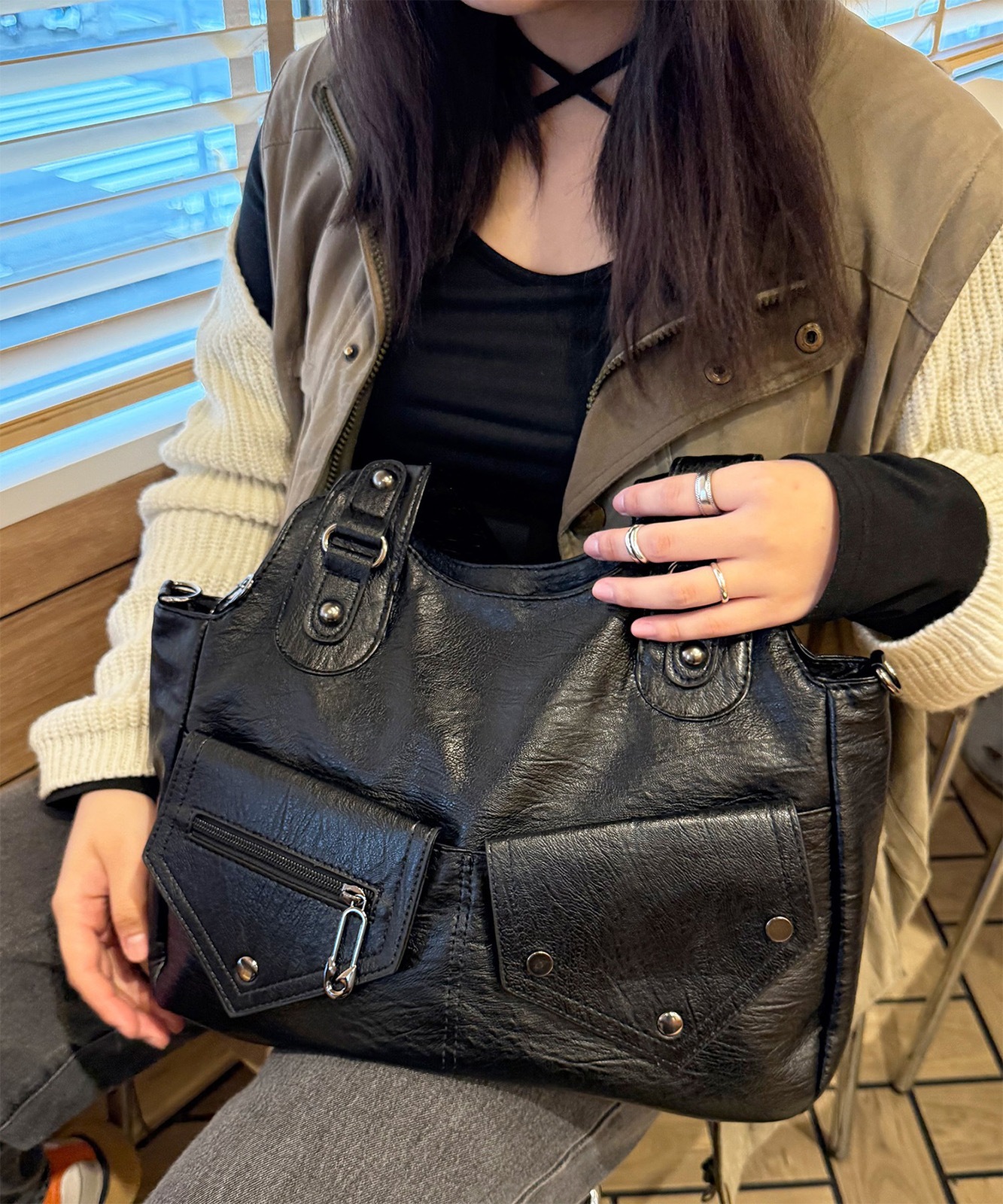 【 DEVICE select 】 ヴィンテージライク フェイクレザー トートバッグ 韓国ファッション 2way ショルダーバッグ 大容量 Y2K ストリート レディース TA1277