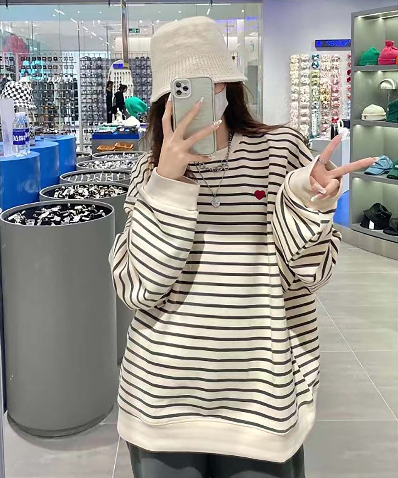 DEVICE select ボーダー オーバーサイズ ワンポイント ロンT トレーナー メンズ レディース ユニセックス