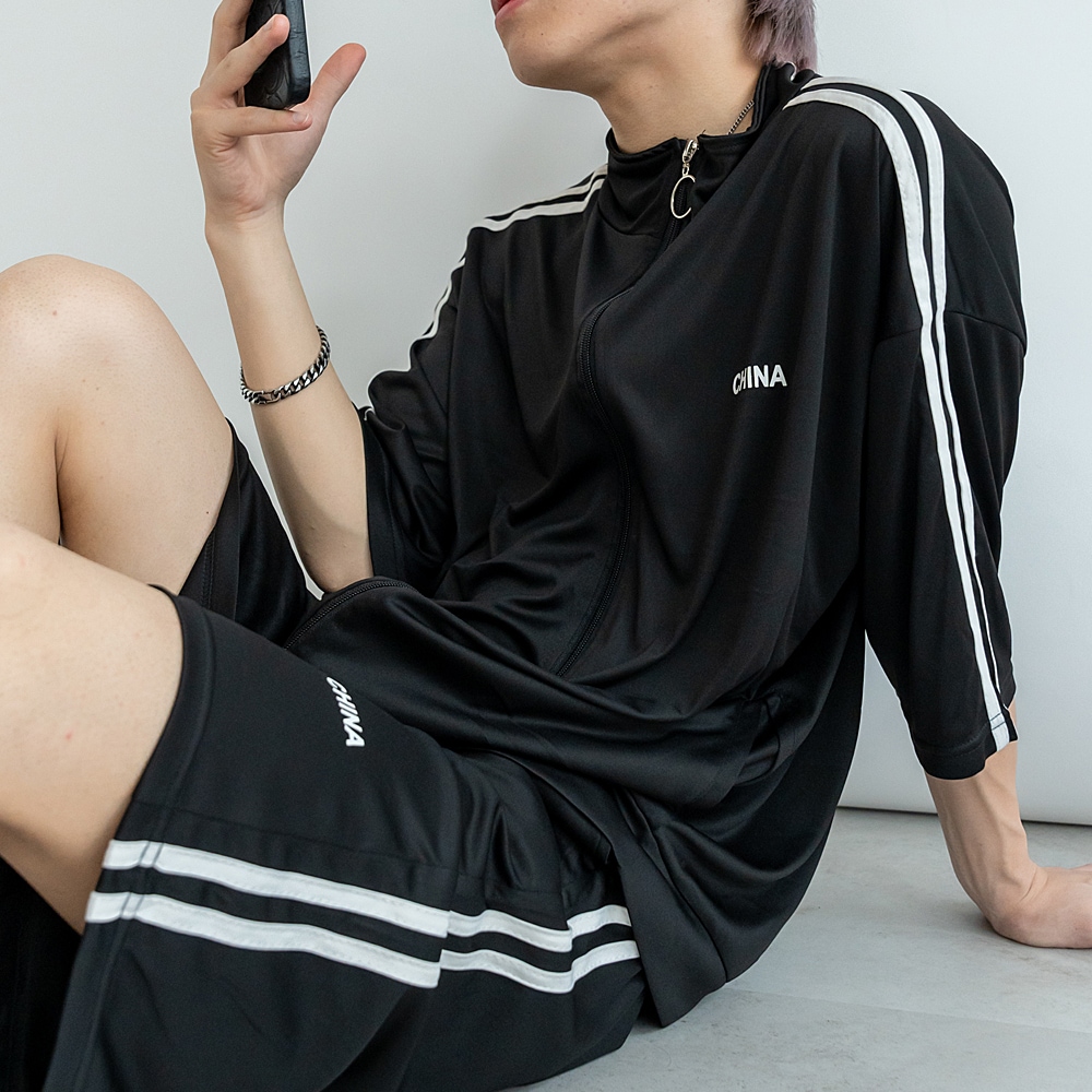 ダブルライン シンプル 半袖ジャージ セットアップ トラックジャケット