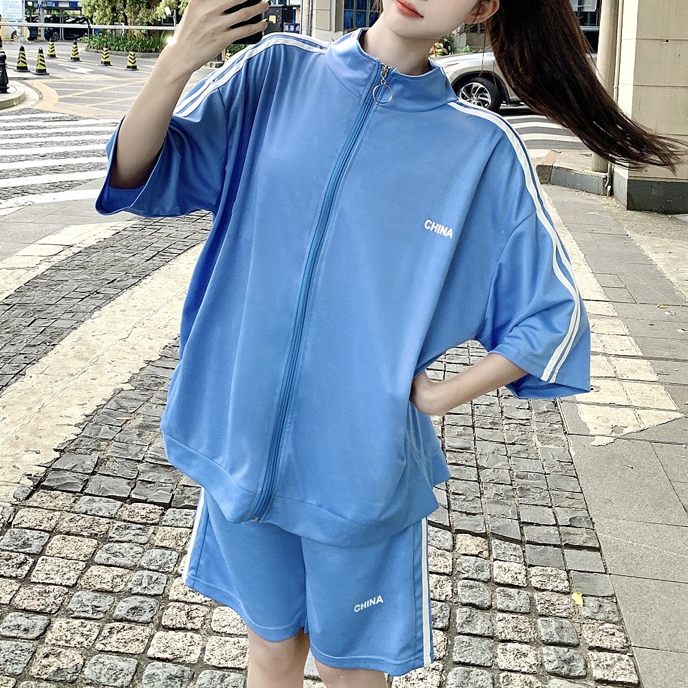 ダブルライン シンプル 半袖ジャージ セットアップ トラックジャケット