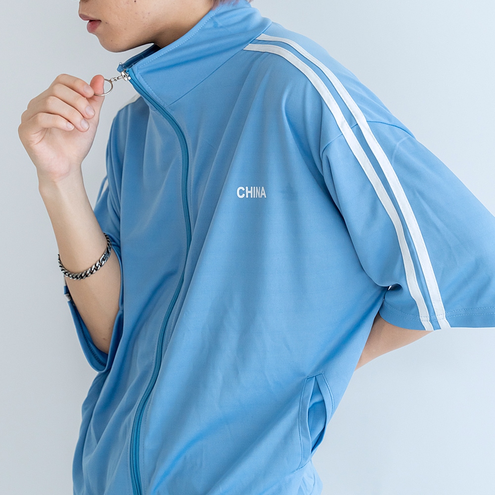 ダブルライン シンプル 半袖ジャージ セットアップ トラックジャケット