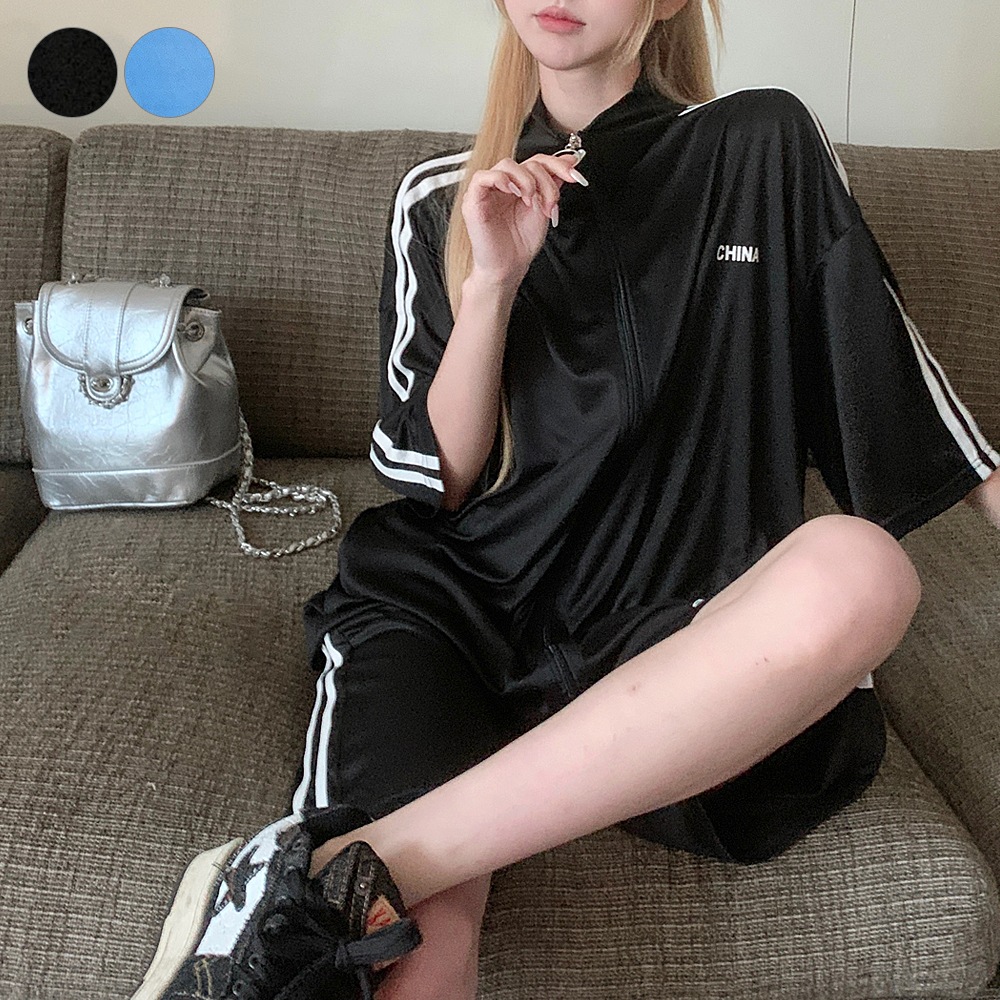 ダブルライン シンプル 半袖ジャージ セットアップ トラックジャケット