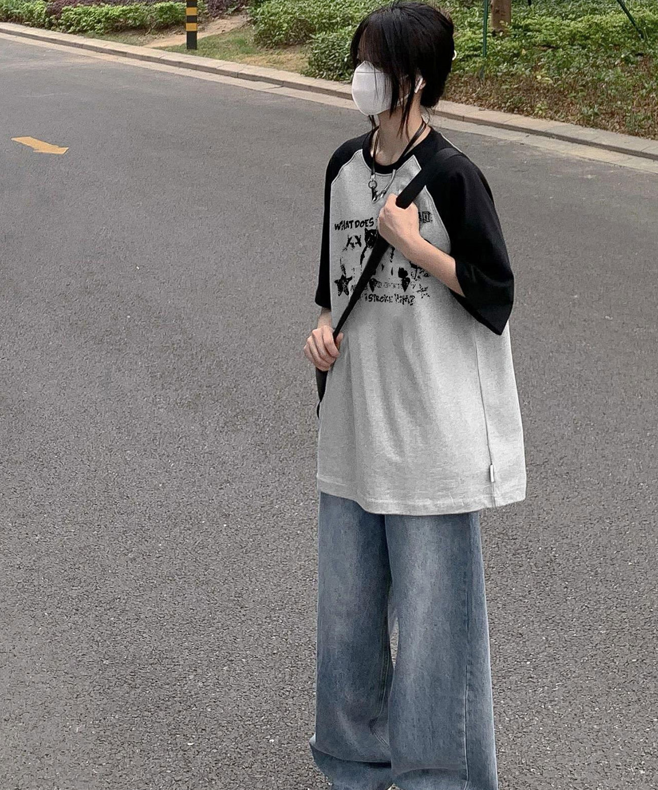 DEVICE select 猫ミーム キャット Y2K ロゴ グラフィック ルーズ ラグラン Tシャツ ノームコア メンズ レディース