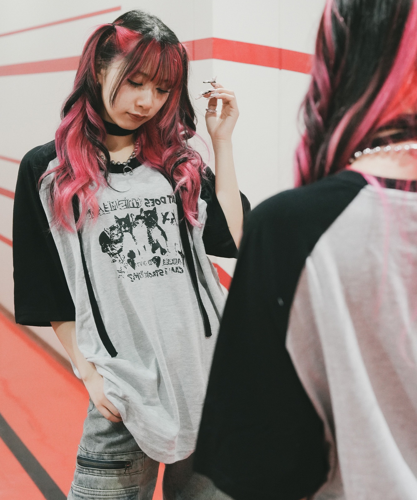 DEVICE select 猫ミーム キャット Y2K ロゴ グラフィック ルーズ ラグラン Tシャツ ノームコア メンズ レディース