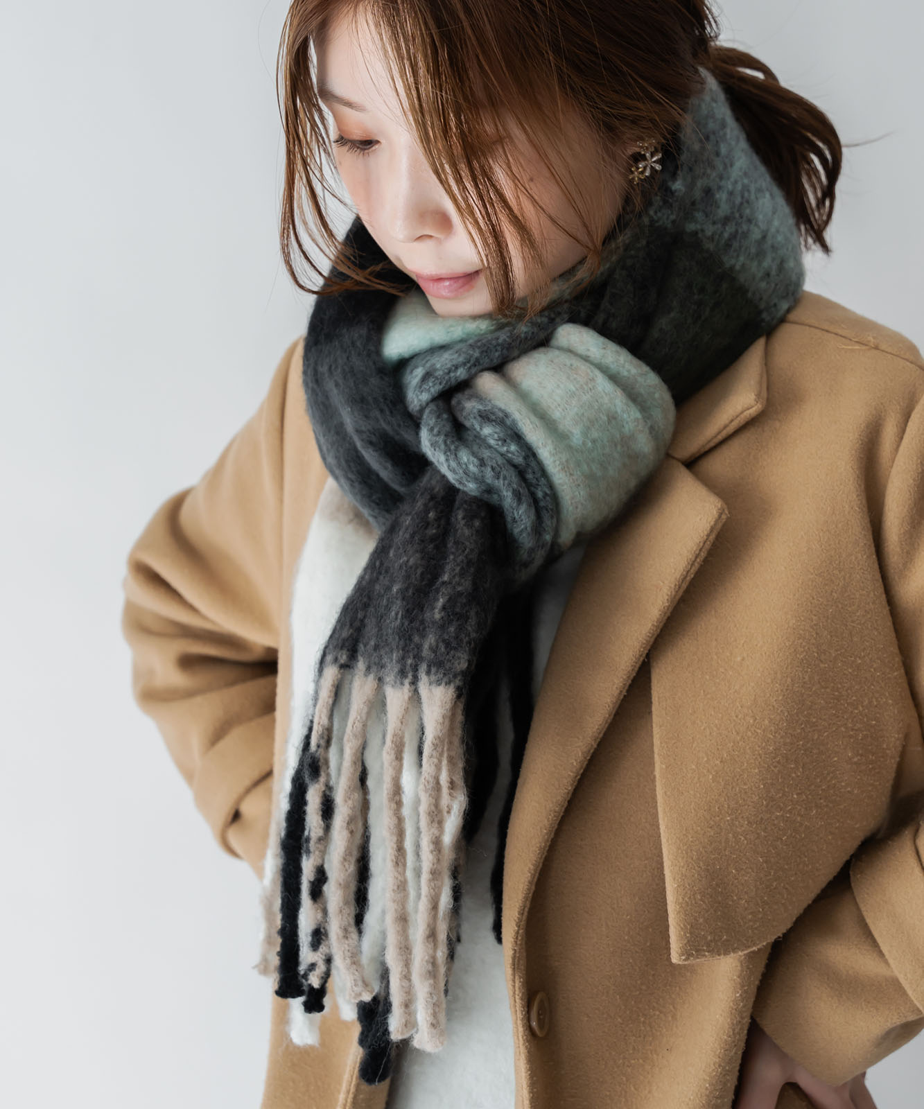 DEVICE select マルチカラー チェック ボリューム フリンジ ボリュームマフラー マフラー ストール メンズ レディース 秋服 冬服