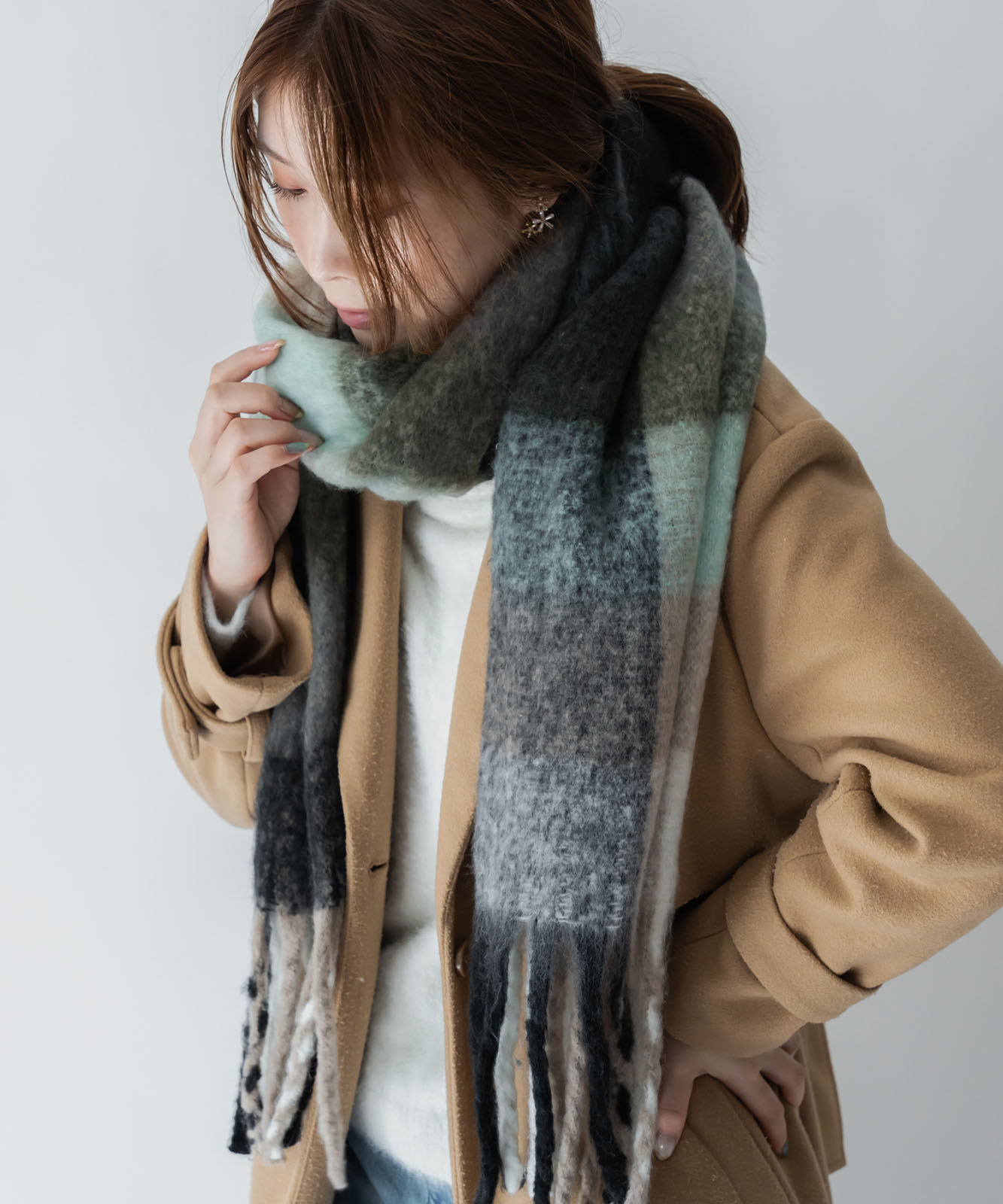 DEVICE select マルチカラー チェック ボリューム フリンジ ボリュームマフラー マフラー ストール メンズ レディース 秋服 冬服