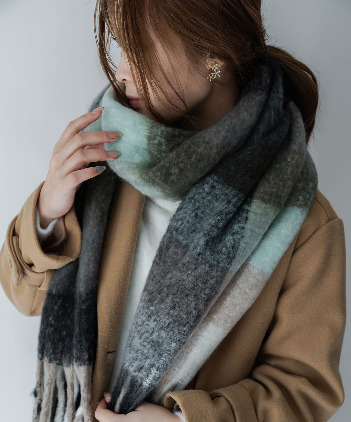 DEVICE select マルチカラー チェック ボリューム フリンジ ボリュームマフラー マフラー ストール メンズ レディース 秋服 冬服