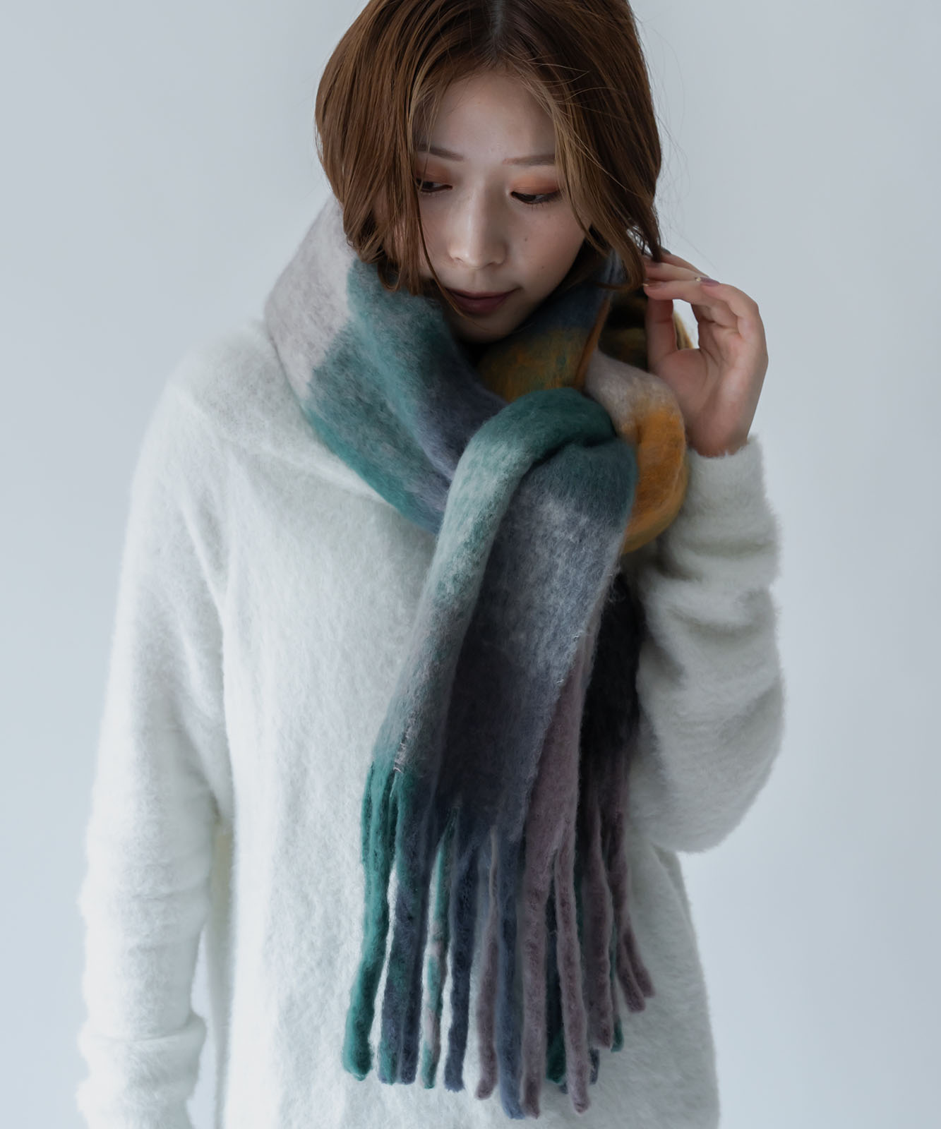 DEVICE select マルチカラー チェック ボリューム フリンジ ボリュームマフラー マフラー ストール メンズ レディース 秋服 冬服