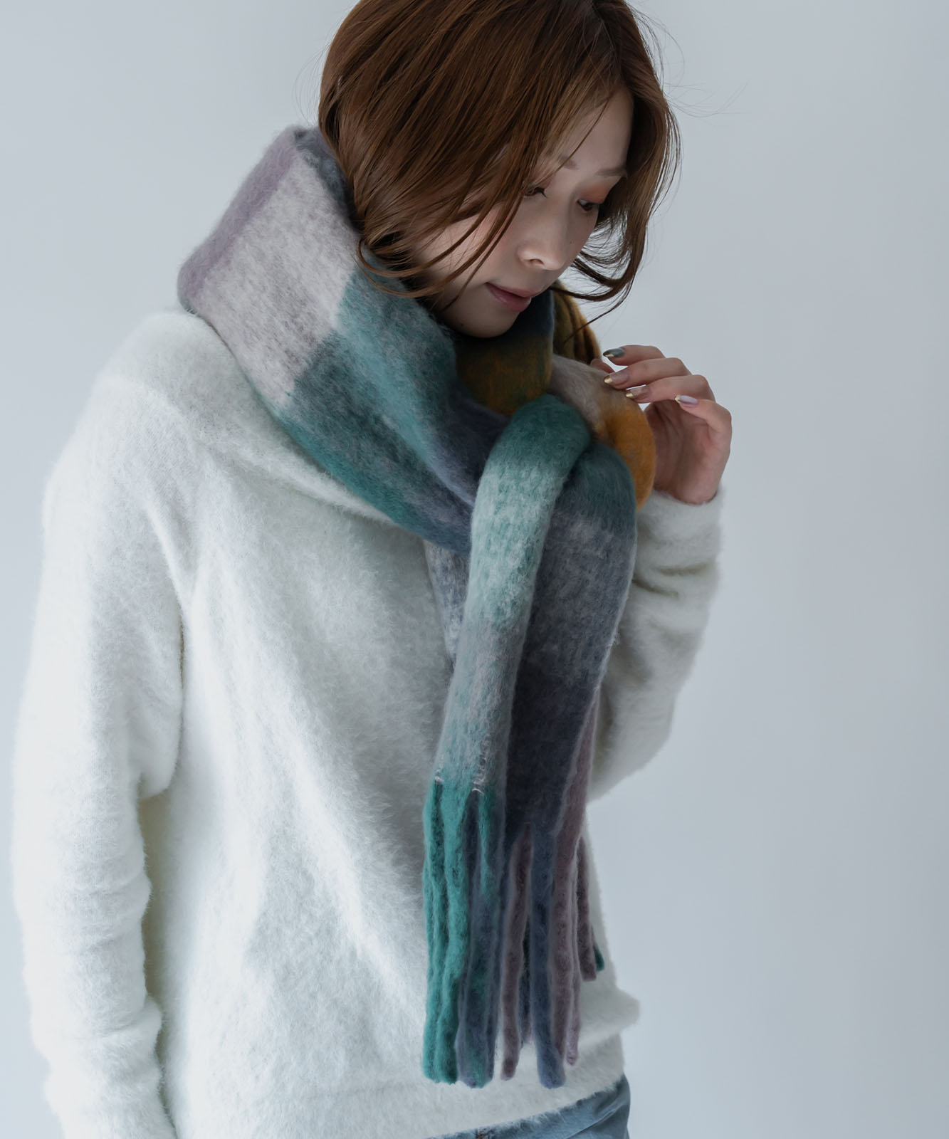 DEVICE select マルチカラー チェック ボリューム フリンジ ボリュームマフラー マフラー ストール メンズ レディース 秋服 冬服