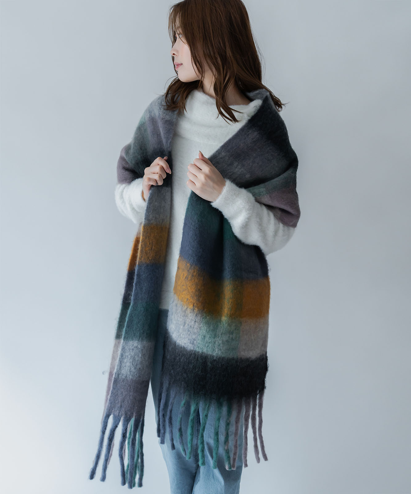 DEVICE select マルチカラー チェック ボリューム フリンジ ボリュームマフラー マフラー ストール メンズ レディース 秋服 冬服