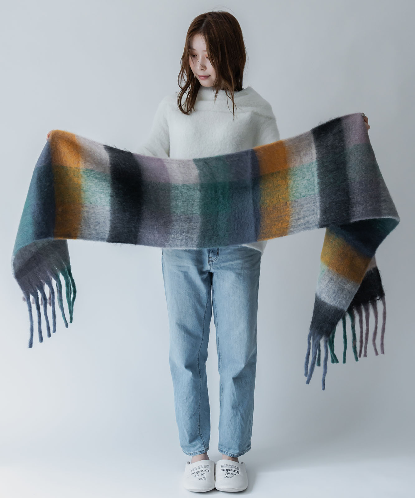 DEVICE select マルチカラー チェック ボリューム フリンジ ボリュームマフラー マフラー ストール メンズ レディース 秋服 冬服