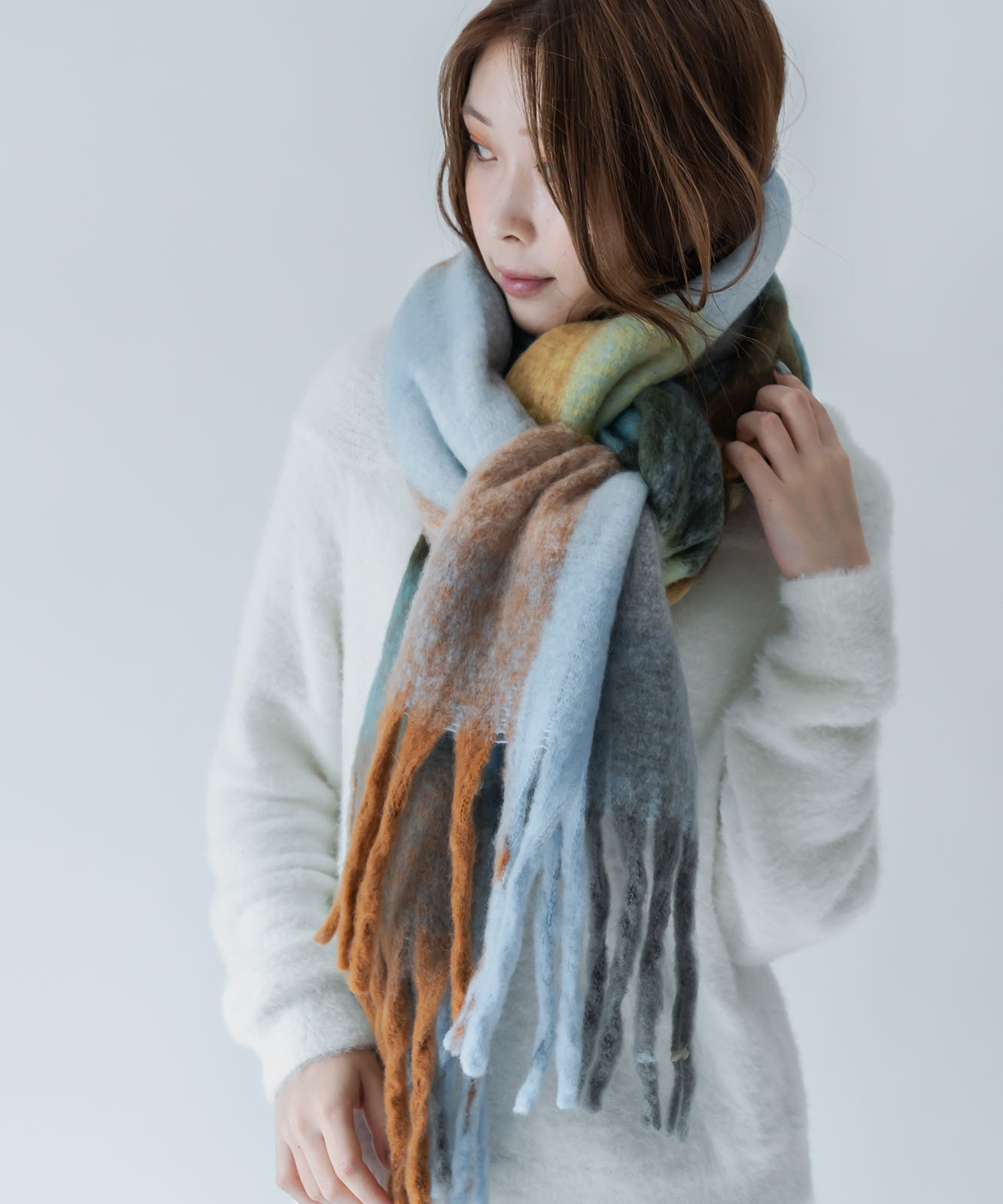 DEVICE select マルチカラー チェック ボリューム フリンジ ボリュームマフラー マフラー ストール メンズ レディース 秋服 冬服