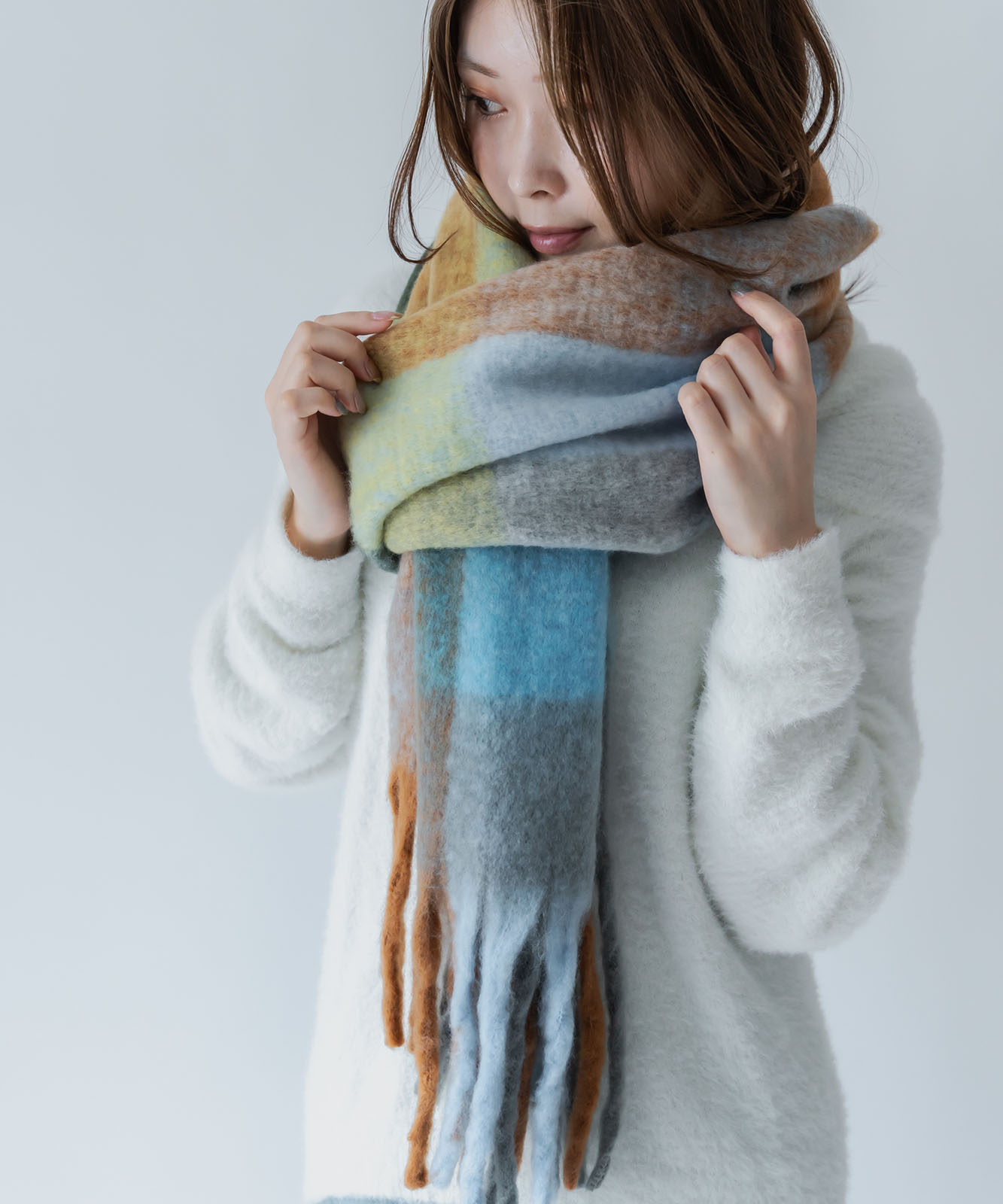 DEVICE select マルチカラー チェック ボリューム フリンジ ボリュームマフラー マフラー ストール メンズ レディース 秋服 冬服