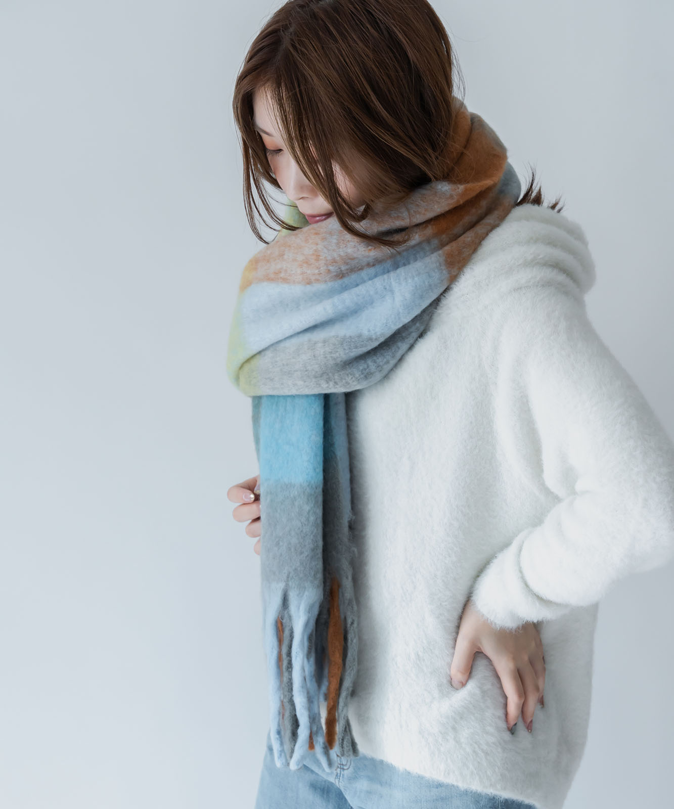 DEVICE select マルチカラー チェック ボリューム フリンジ ボリュームマフラー マフラー ストール メンズ レディース 秋服 冬服