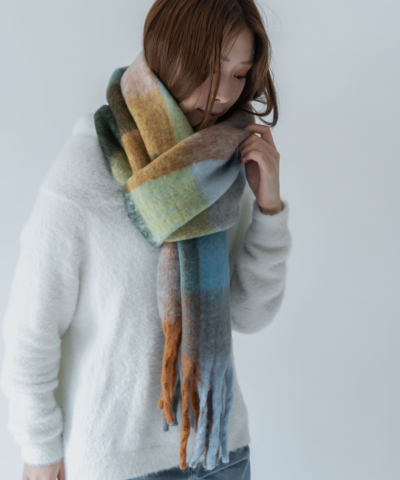 DEVICE select マルチカラー チェック ボリューム フリンジ ボリュームマフラー マフラー ストール メンズ レディース 秋服 冬服