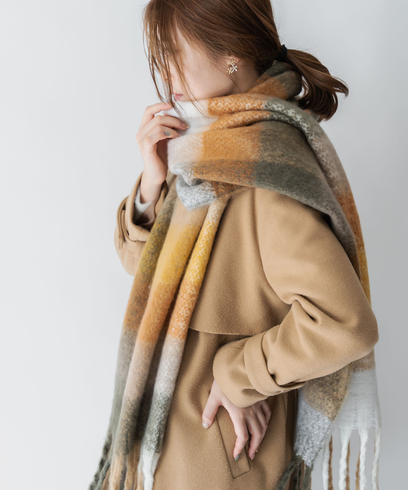 DEVICE select マルチカラー チェック ボリューム フリンジ ボリュームマフラー マフラー ストール メンズ レディース 秋服 冬服