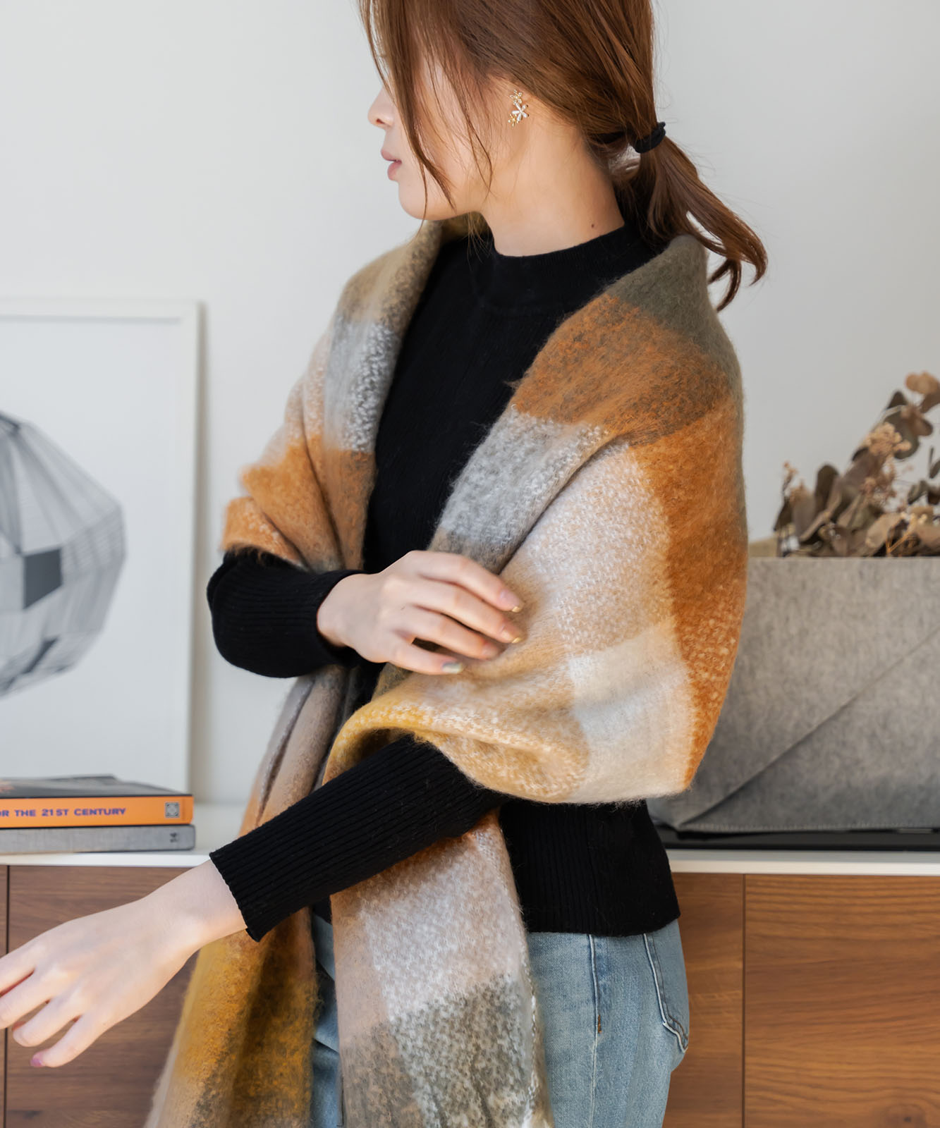 DEVICE select マルチカラー チェック ボリューム フリンジ ボリュームマフラー マフラー ストール メンズ レディース 秋服 冬服