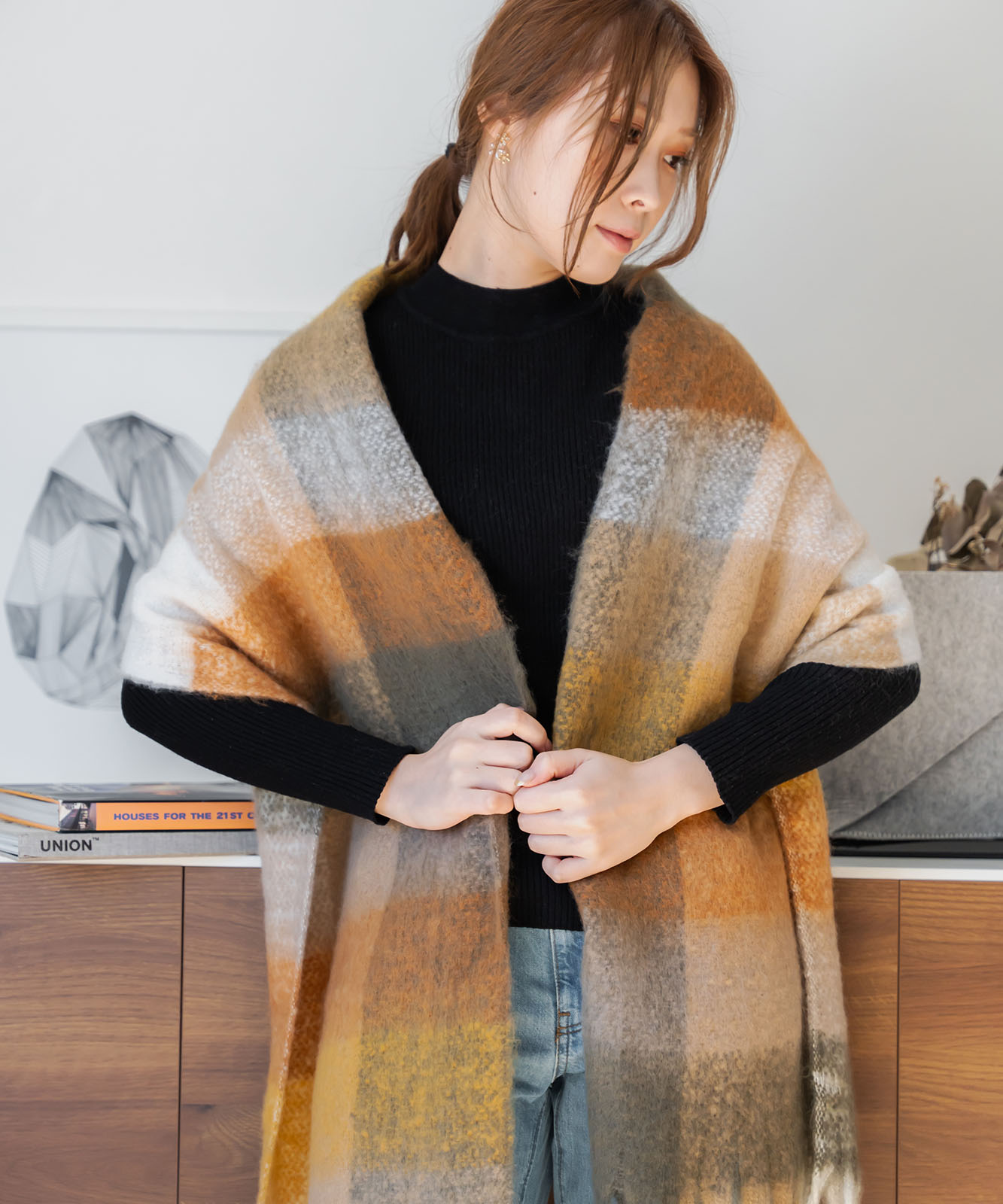 DEVICE select マルチカラー チェック ボリューム フリンジ ボリュームマフラー マフラー ストール メンズ レディース 秋服 冬服