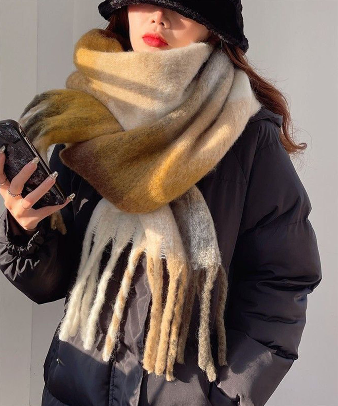 DEVICE select マルチカラー チェック ボリューム フリンジ ボリュームマフラー マフラー ストール メンズ レディース 秋服 冬服