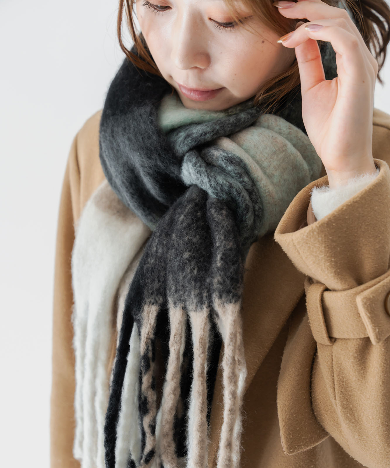 DEVICE select マルチカラー チェック ボリューム フリンジ ボリュームマフラー マフラー ストール メンズ レディース 秋服 冬服