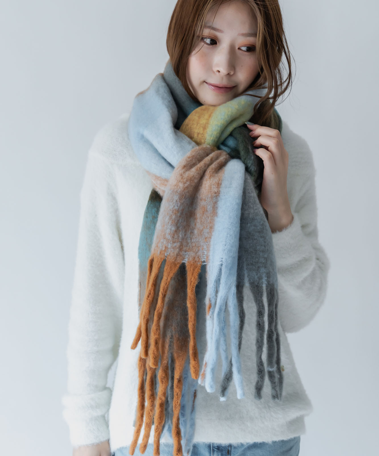 DEVICE select マルチカラー チェック ボリューム フリンジ ボリュームマフラー マフラー ストール メンズ レディース 秋服 冬服