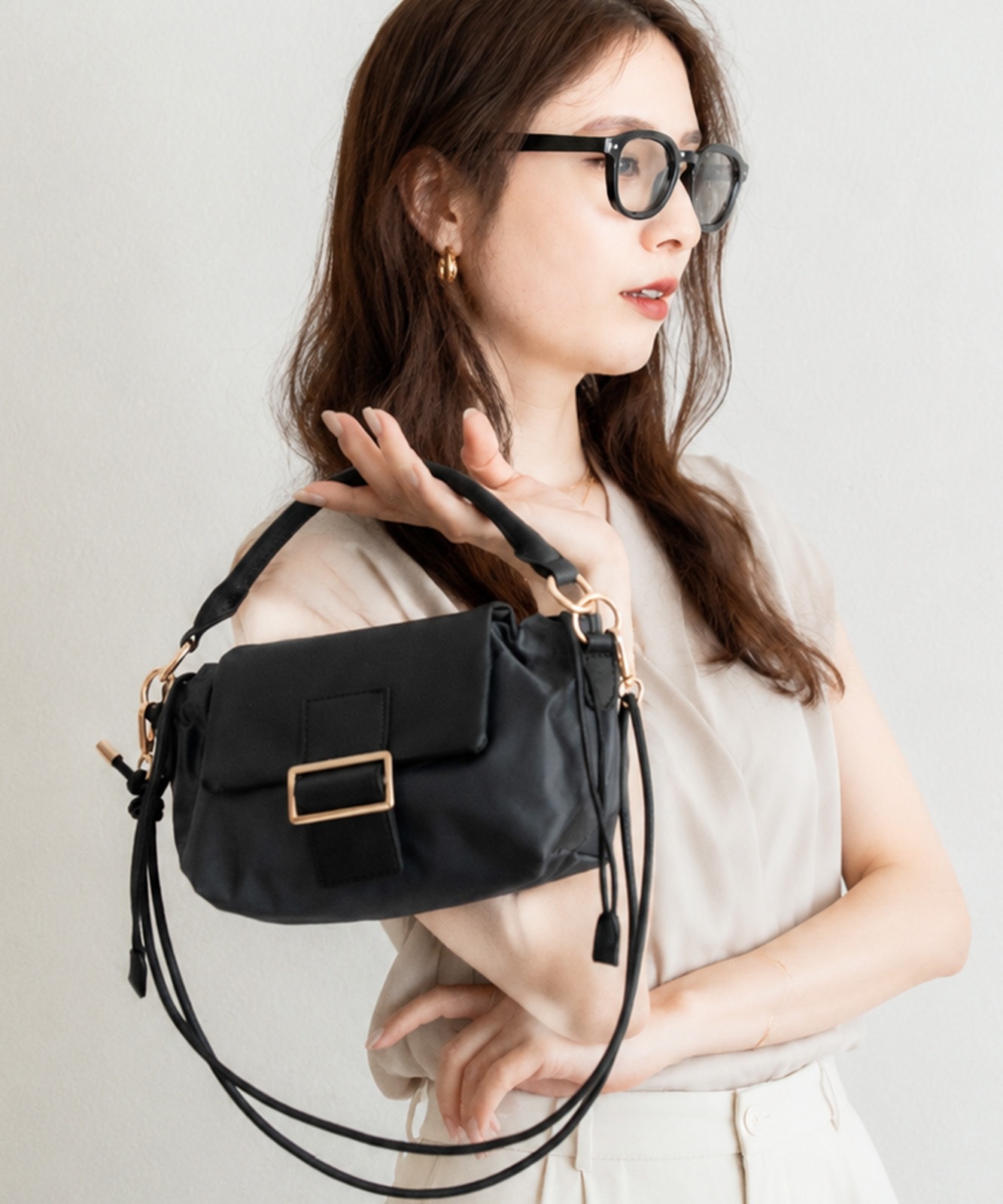 【 REAIMER 】 異素材 2WAY 巾着 ミニ ショルダーバッグ レディース フラップ 小さめ 軽量 斜めがけ ハンドバッグ 韓国 MSN25036