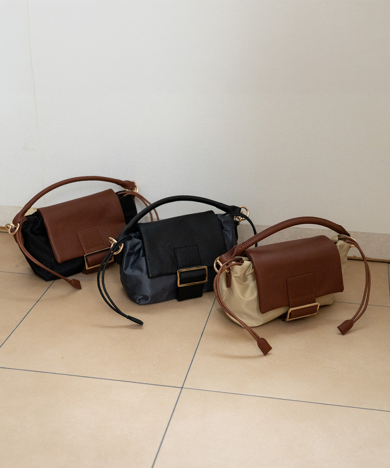 【 REAIMER 】 異素材 2WAY 巾着 ミニ ショルダーバッグ レディース フラップ 小さめ 軽量 斜めがけ ハンドバッグ 韓国 MSN25036