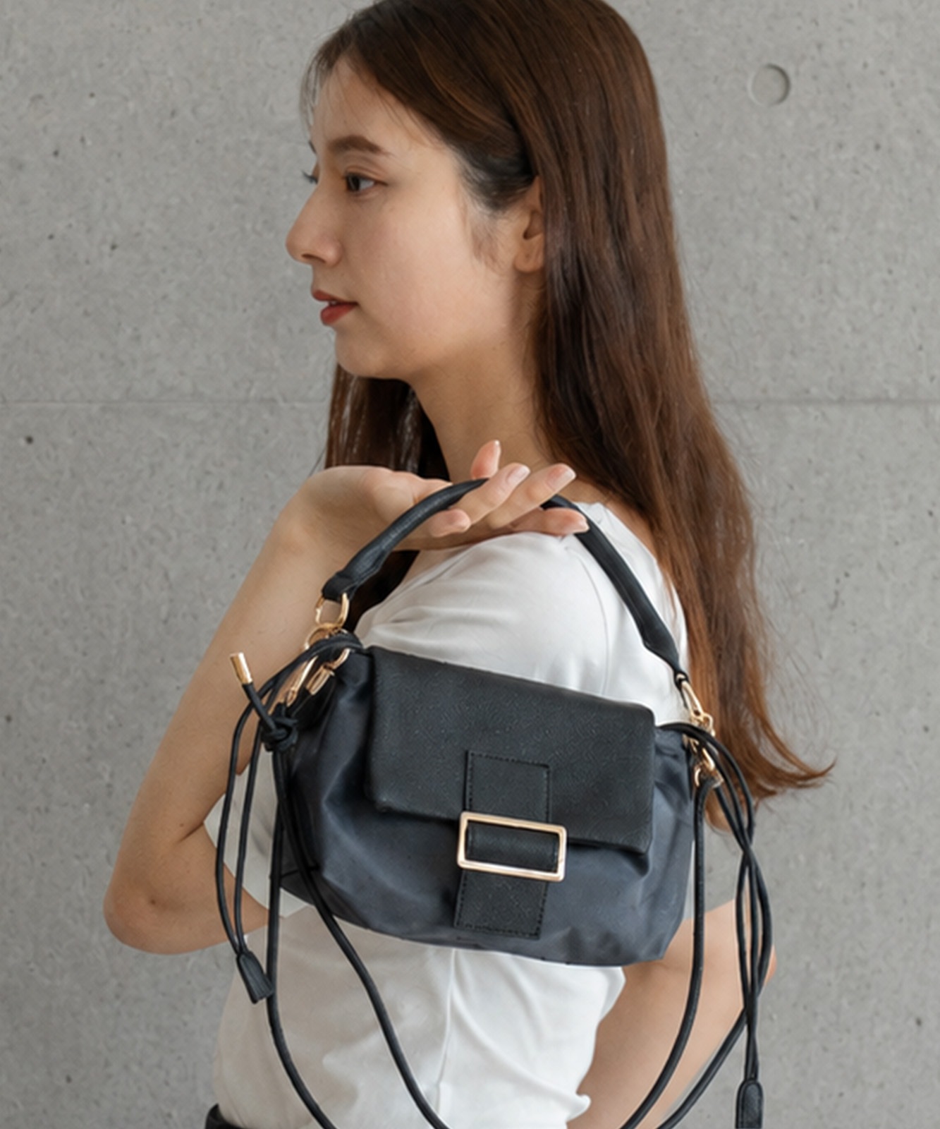 【 REAIMER 】 異素材 2WAY 巾着 ミニ ショルダーバッグ レディース フラップ 小さめ 軽量 斜めがけ ハンドバッグ 韓国 MSN25036