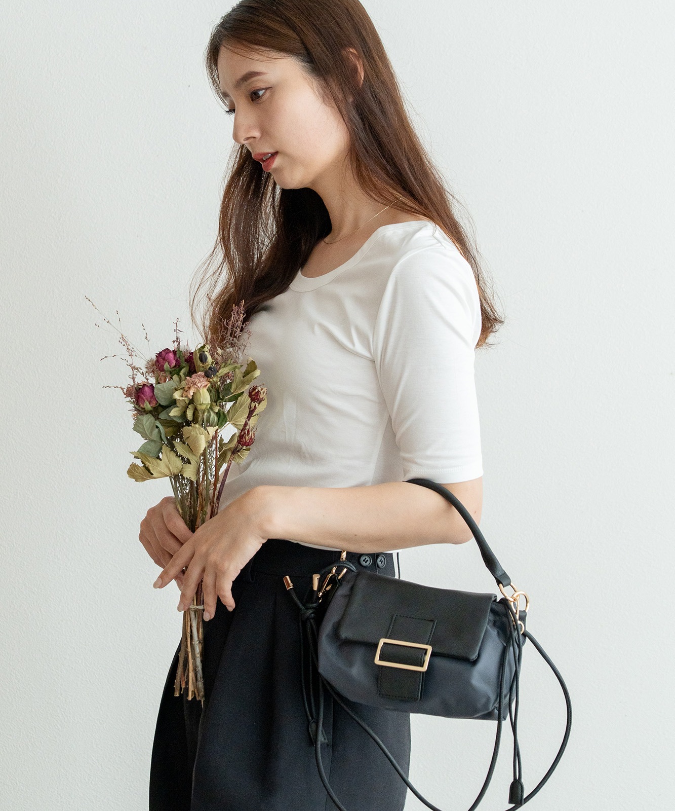 【 REAIMER 】 異素材 2WAY 巾着 ミニ ショルダーバッグ レディース フラップ 小さめ 軽量 斜めがけ ハンドバッグ 韓国 MSN25036