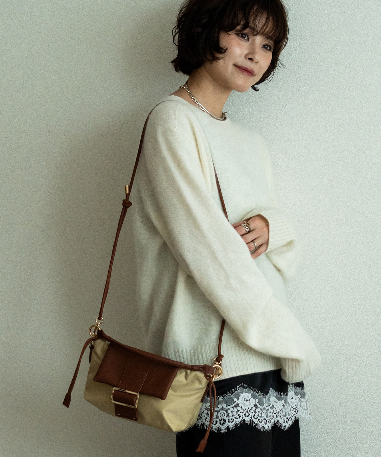 【 REAIMER 】 異素材 2WAY 巾着 ミニ ショルダーバッグ レディース フラップ 小さめ 軽量 斜めがけ ハンドバッグ 韓国 MSN25036