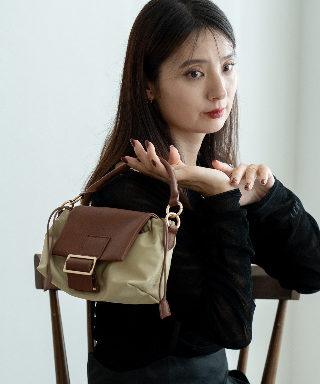 【 REAIMER 】 異素材 2WAY 巾着 ミニ ショルダーバッグ レディース フラップ 小さめ 軽量 斜めがけ ハンドバッグ 韓国 MSN25036