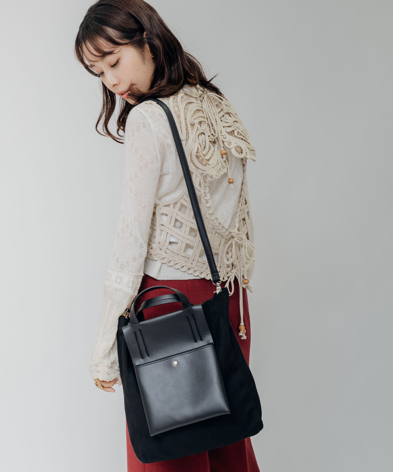 DEVICE＋ ヴィーガンレザーパネル 2WAY キャンバス トート ショルダーバッグ