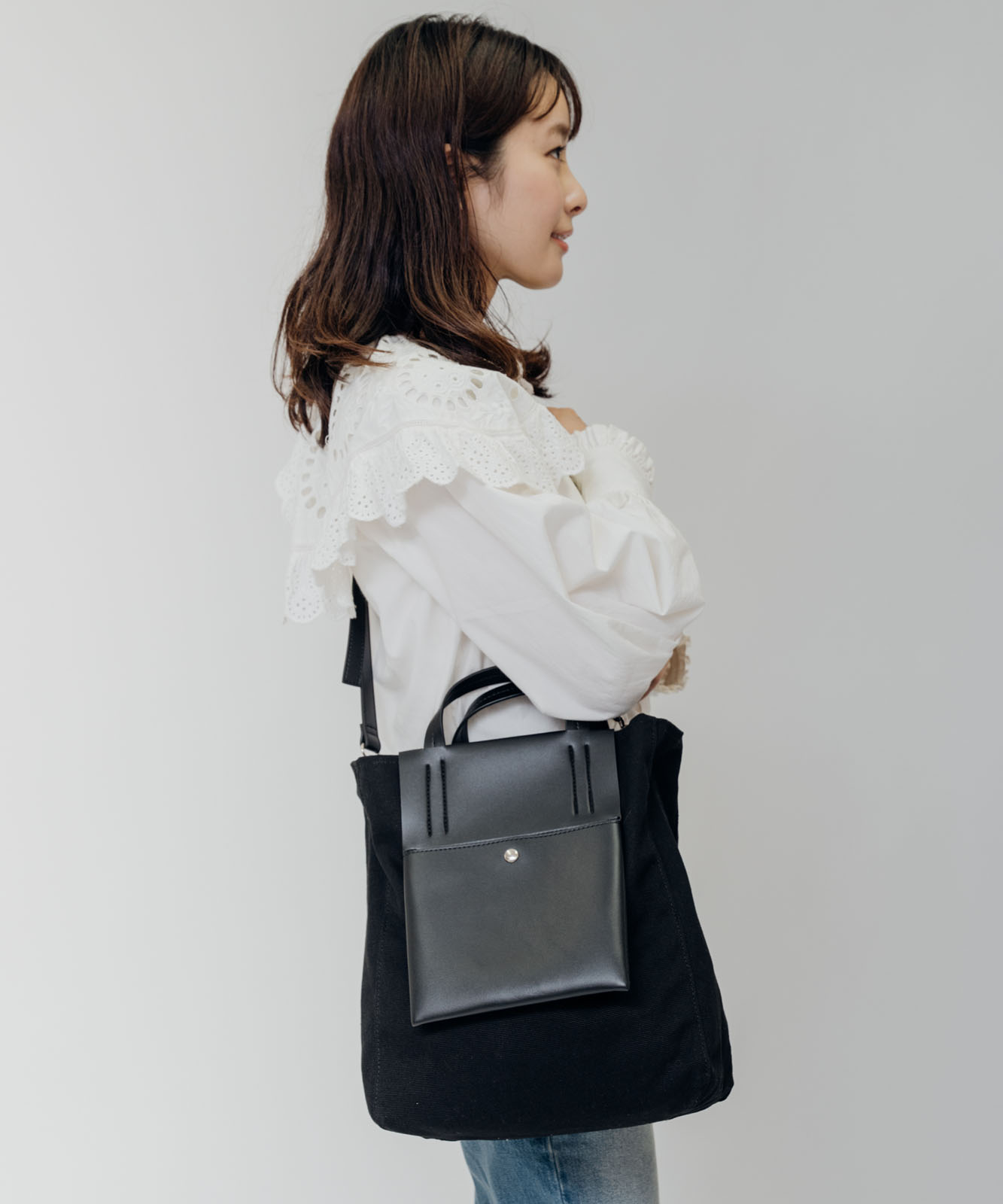 DEVICE＋ ヴィーガンレザーパネル 2WAY キャンバス トート ショルダーバッグ