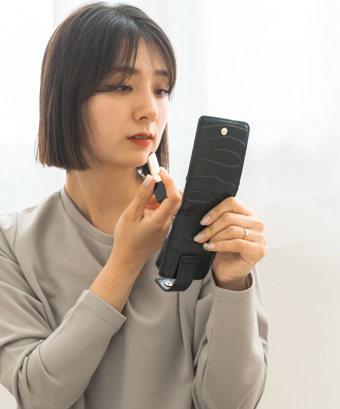 クロコ柄 ミラー付き リップケース ミニポーチ