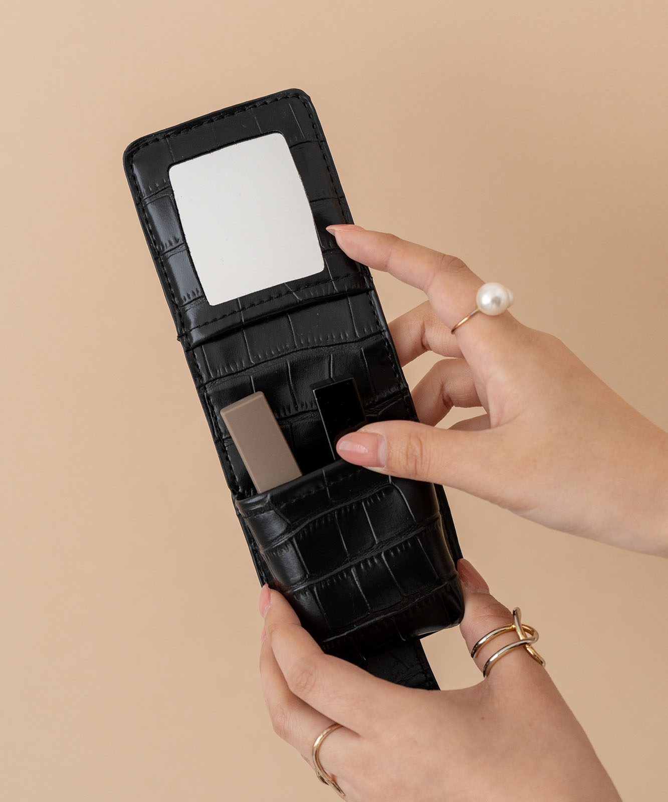 クロコ柄 ミラー付き リップケース ミニポーチ
