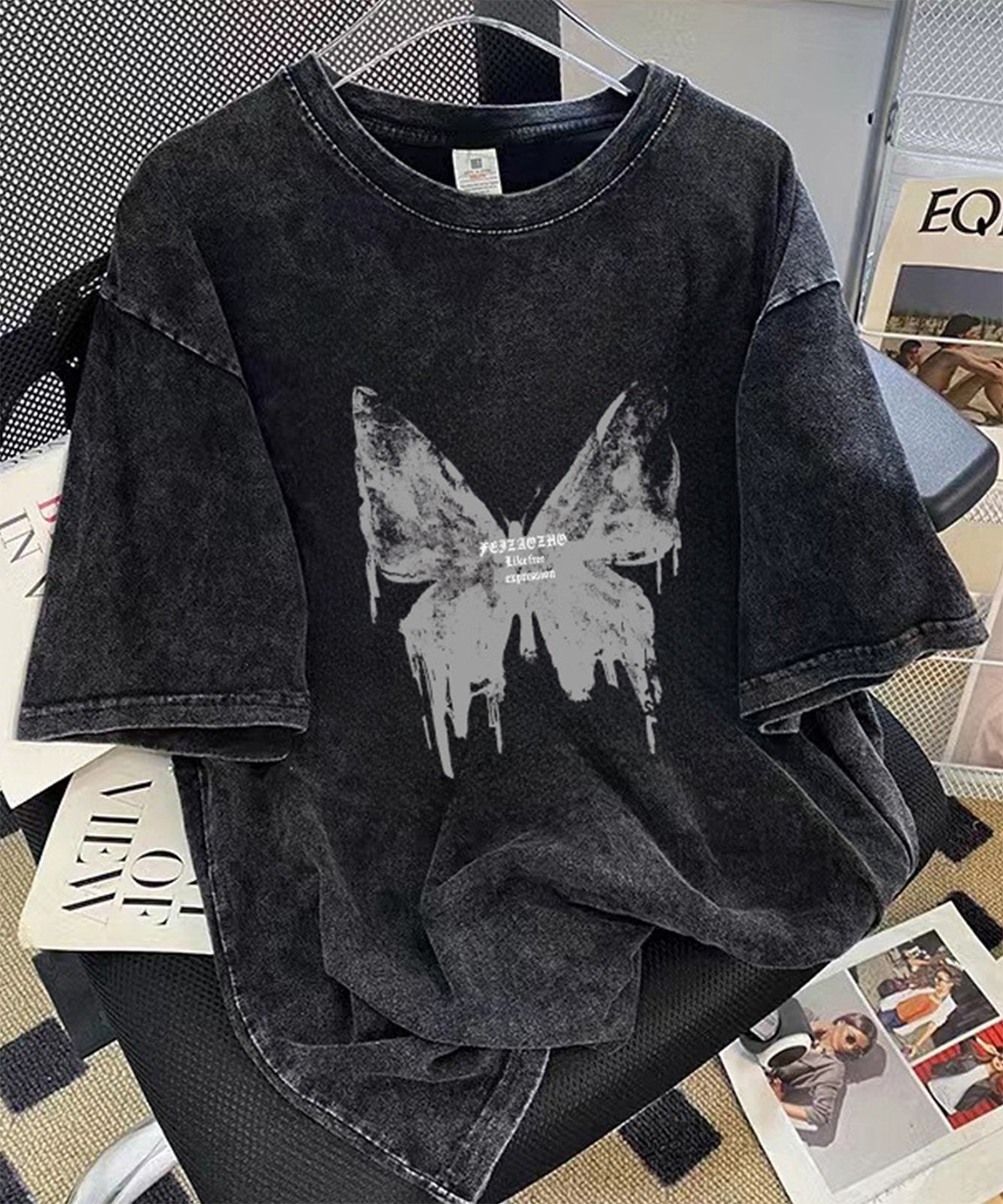 【 DEVICE select 】 ビッグシルエット ジャンキープリント ピグメント 半袖 Tシャツ 古着風 フライドポテト カレッジロゴ メンズ レディース ユニセックス