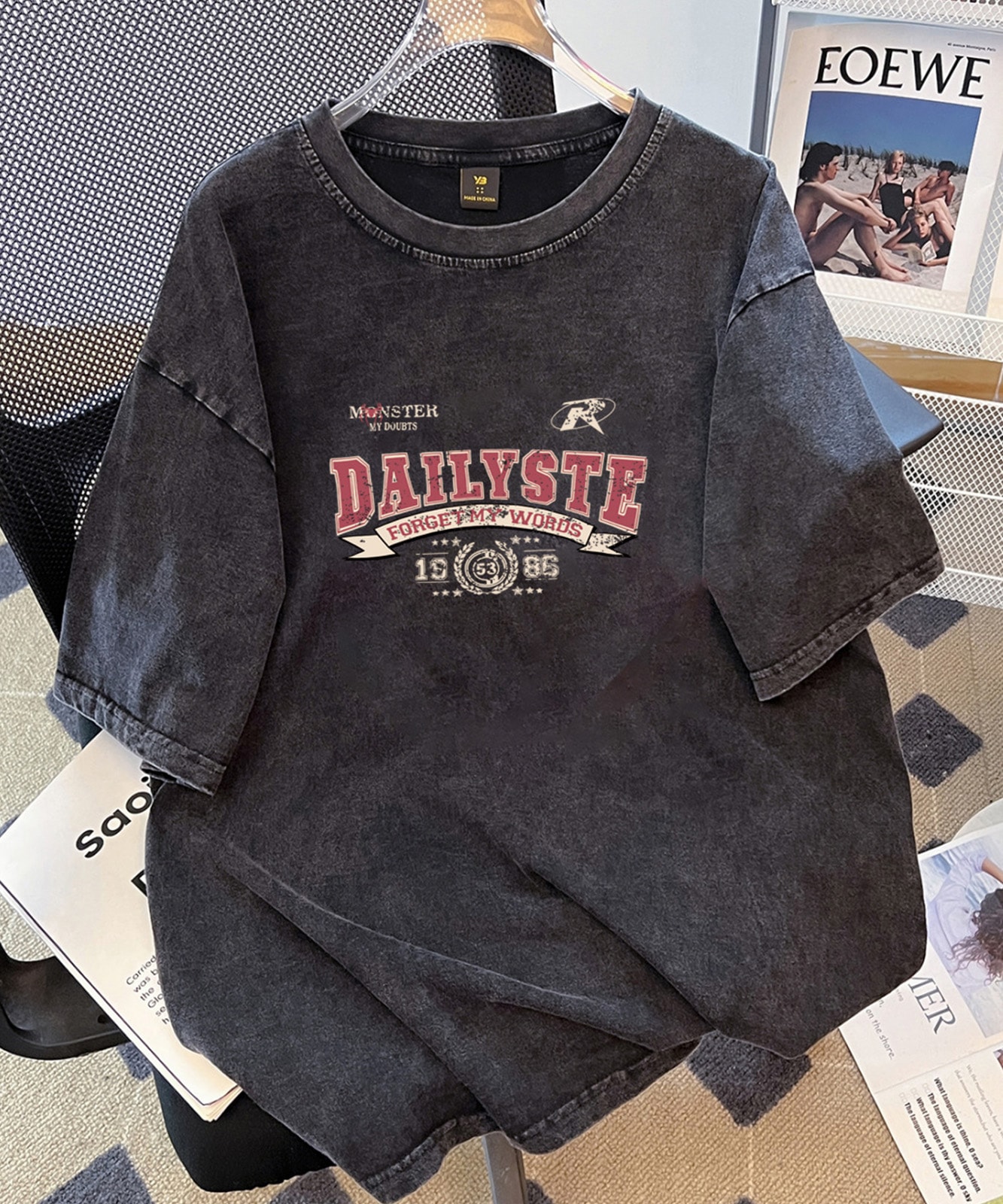 【 DEVICE select 】 ビッグシルエット ジャンキープリント ピグメント 半袖 Tシャツ 古着風 フライドポテト カレッジロゴ メンズ レディース ユニセックス