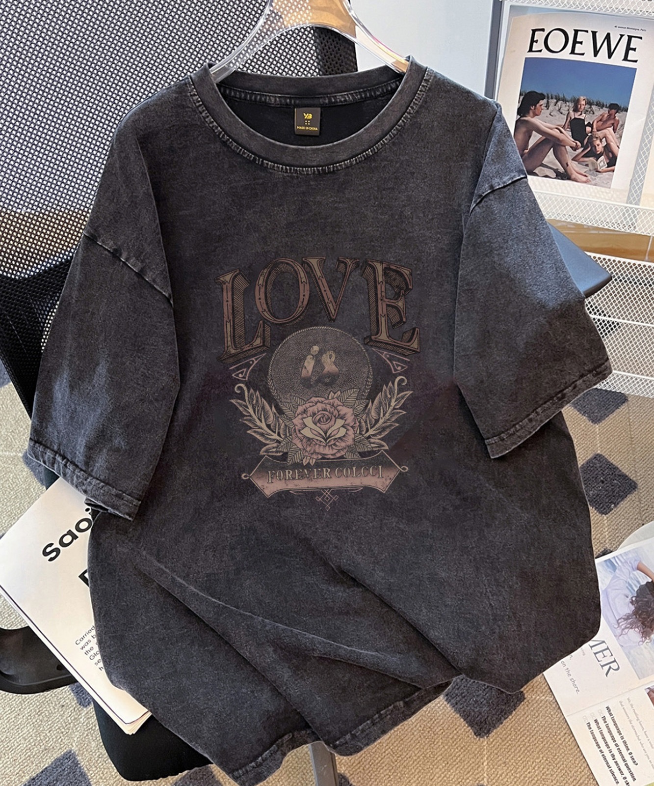 【 DEVICE select 】 ビッグシルエット ジャンキープリント ピグメント 半袖 Tシャツ 古着風 フライドポテト カレッジロゴ メンズ レディース ユニセックス