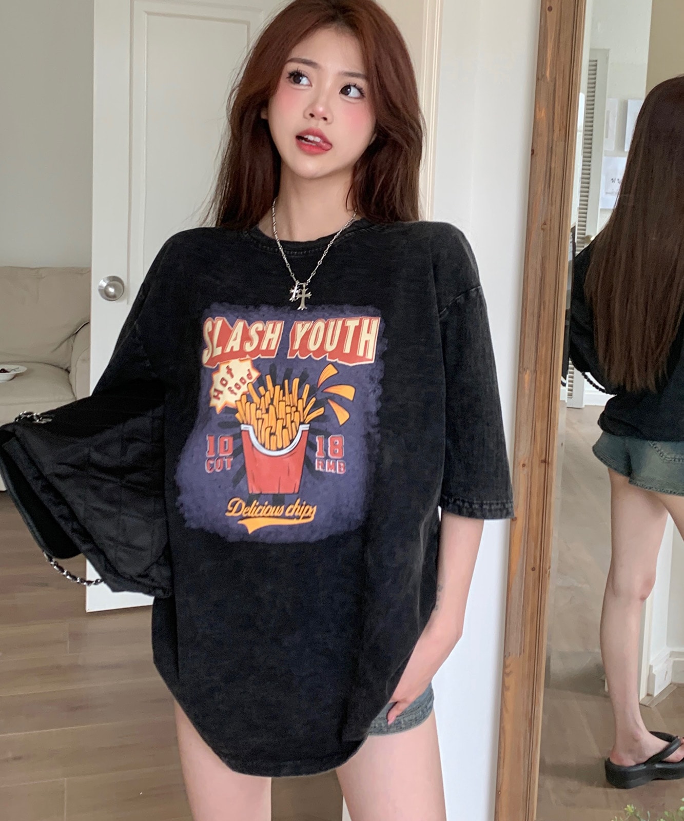 【 DEVICE select 】 ビッグシルエット ジャンキープリント ピグメント 半袖 Tシャツ 古着風 フライドポテト カレッジロゴ メンズ レディース ユニセックス